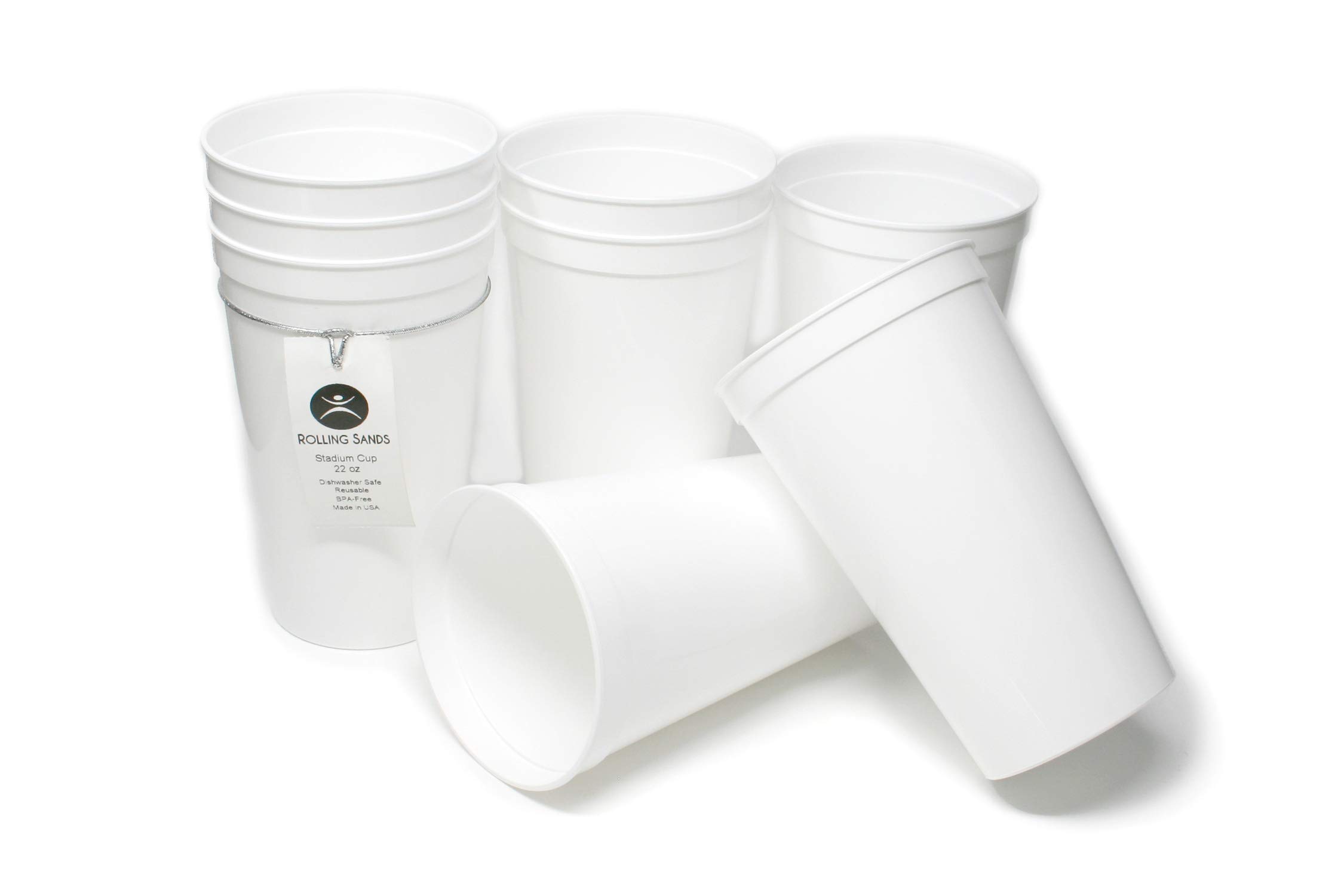 Rolling Sands 22oz Reusable Plastic Stadium Cups - 8 Pack White BPA-Free Dishwasher Safe Tumblers | Made in USA | Perfect for Parties, BBQs, Sports Events & Outdoor Gatherings