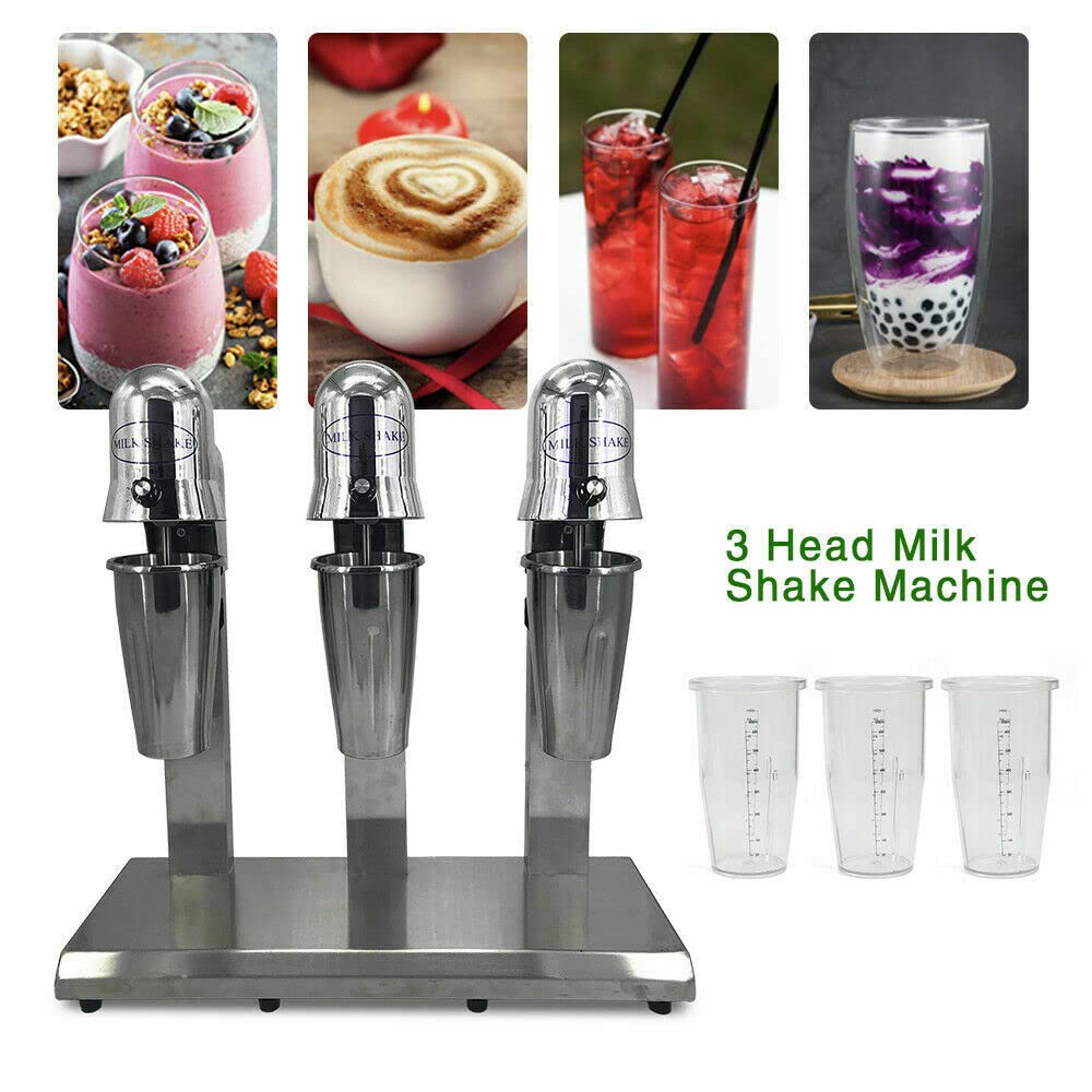 3-Head Commercial Electric Milkshake Maker Machine - 110V 18000 RPM High-Speed Blender with 3 x 800ml Cups for Milk Shakes, Smoothies, Tea & Juice - Perfect for Restaurants, Cafes & Bubble Tea Shops