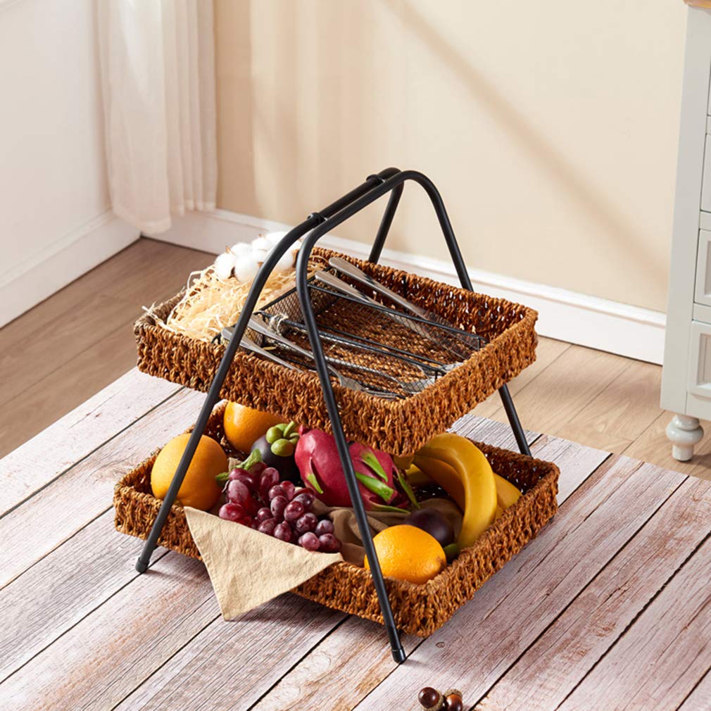 2-Tier Rattan Weaving Fruit Basket with Metal Rack - Multi-Purpose Storage Organizer for Fruits, Vegetables, Groceries, Picnics & Home Decor - Perfect for Kitchen, Dining Table, Pantry Organization & Outdoor Gatherings