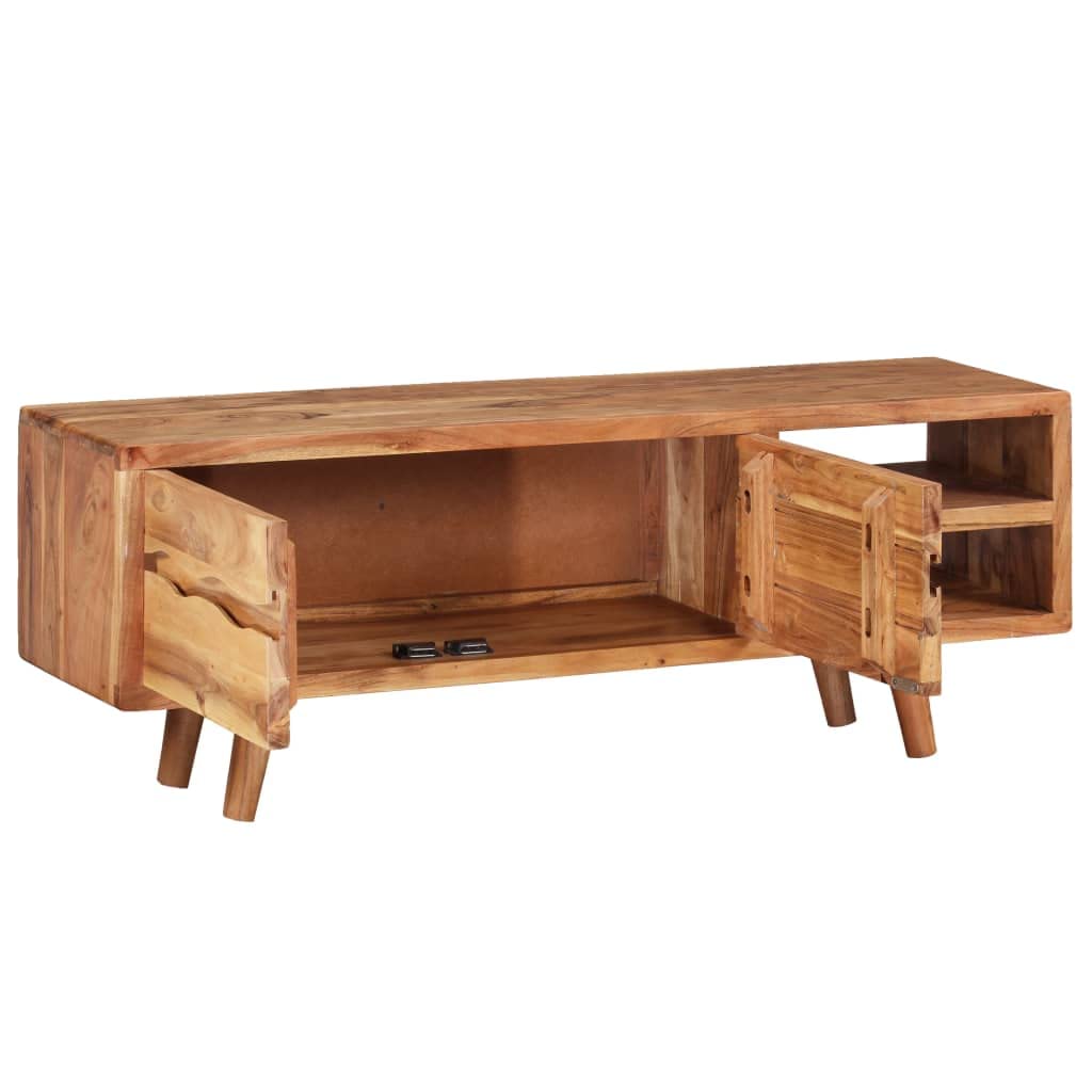 Modern TV Stand for 65 Inch TV - Solid Acacia Wood TV Cabinet with Storage & Carved Doors (46.1 x 11.8 x 15.7 Inches) - Perfect Living Room Entertainment Center for Home Theater Setup
