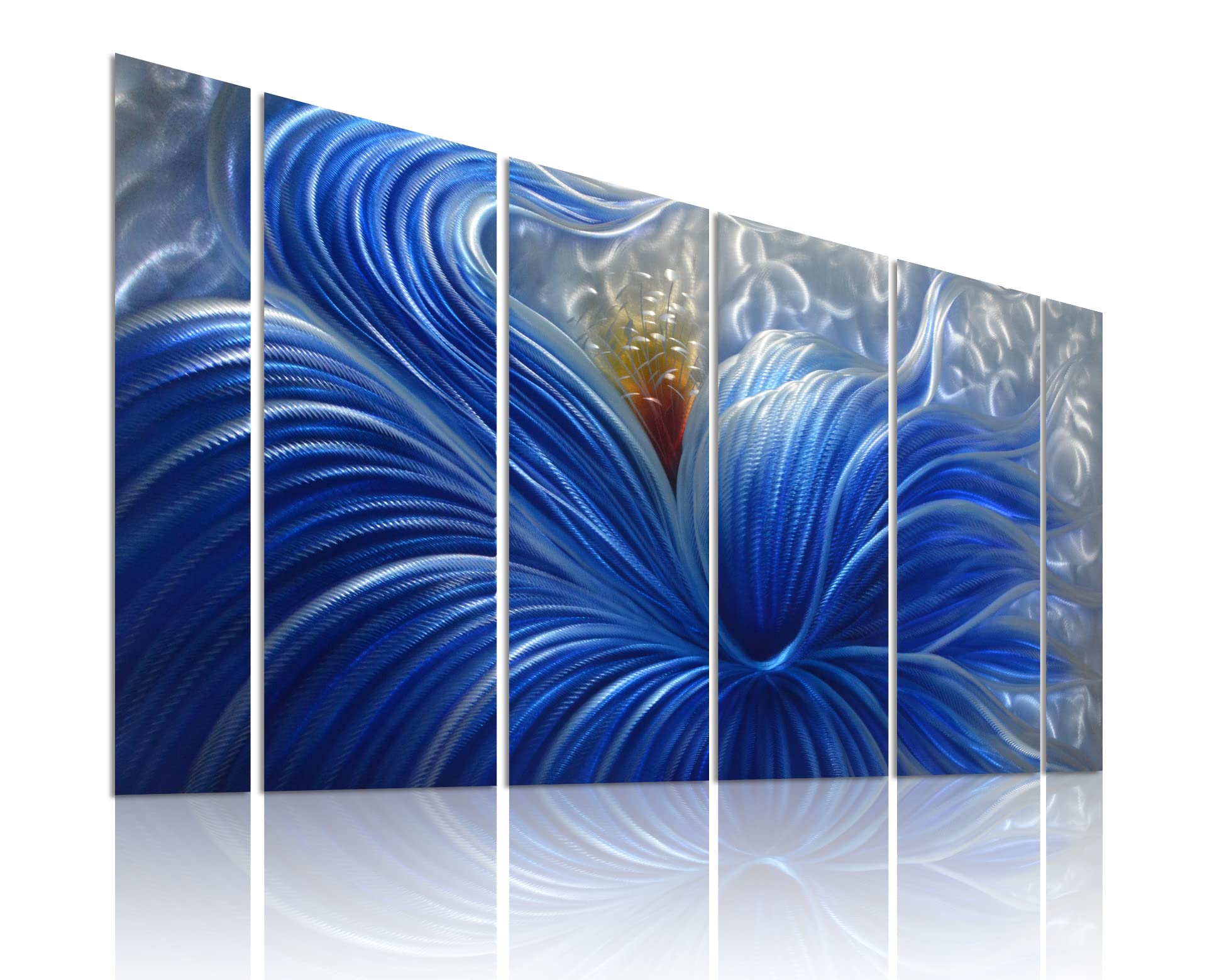 Handmade Blue Flower Metal Wall Art - Abstract Modern & Contemporary Wall Sculpture - Silver Aluminum Wall Decor - 6 Panels 65