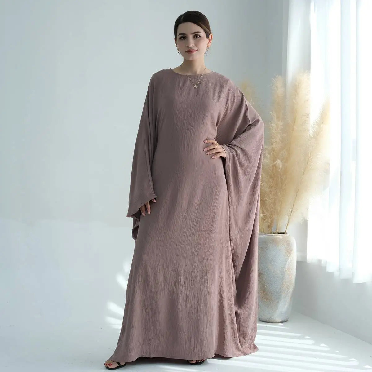 Wrinkle-Free Fabric Batwing Sleeve Farasha Abaya Dress with Inner Belt - Elegant Muslim Women's Prayer Dress for Special Occasions & Daily Wear