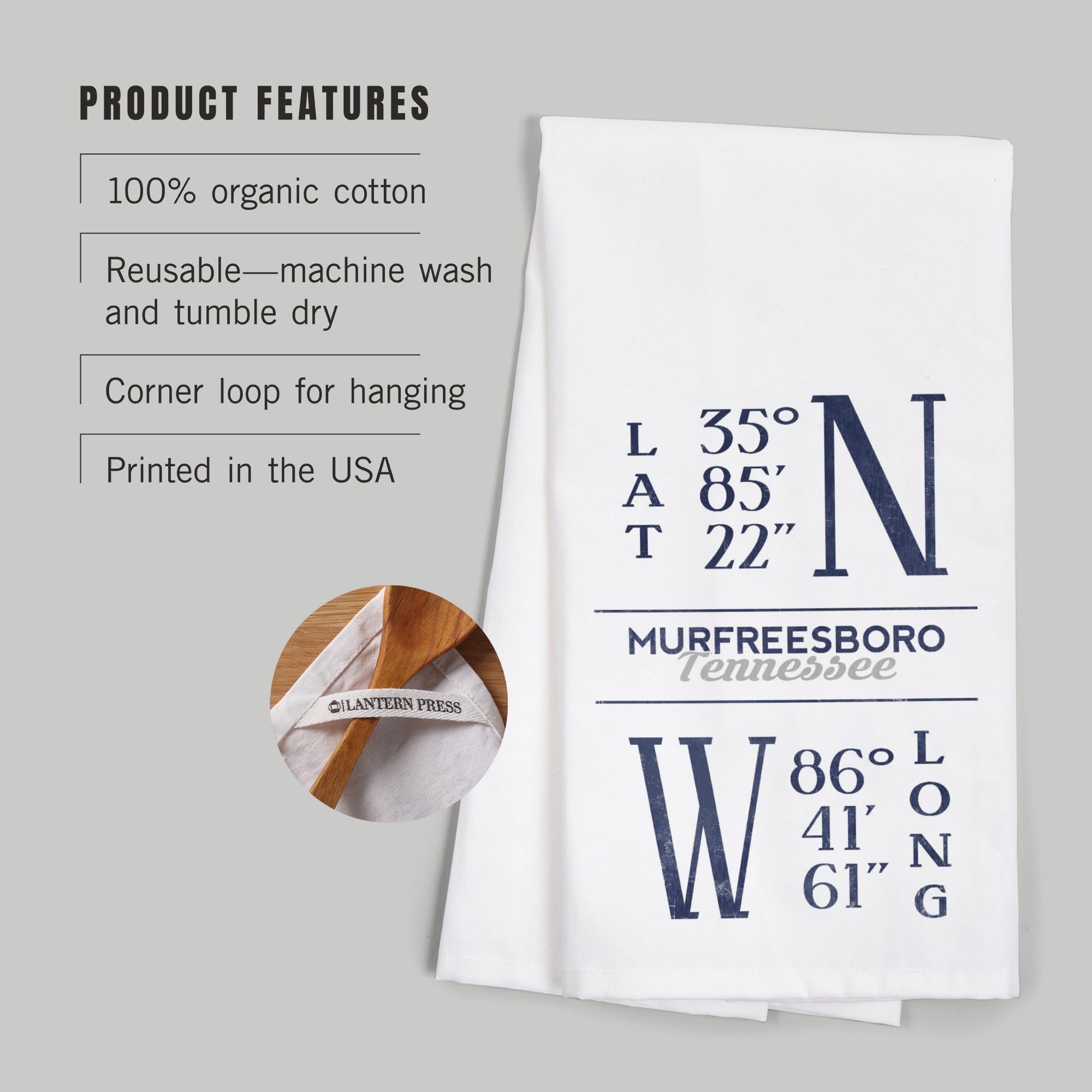 Lantern Press Murfreesboro Tennessee Latitude Longitude Blue Cotton Tea Towel - 100% Cotton Decorative Hand Towel for Kitchen, Home Decor & Gift - Perfect for Dish Drying, Wall Art & Farmhouse Decor