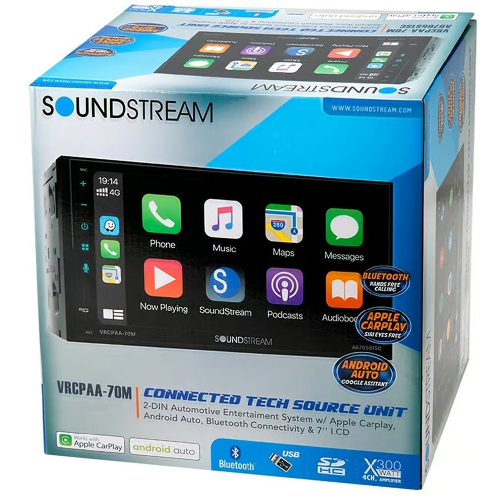 Soundstream VRCPAA 70MW 7 Inch Double DIN Touchscreen Car Stereo with Bluetooth, Apple CarPlay & Android Auto - Digital Multimedia Receiver for Seamless Music Streaming & Hands-Free Calling