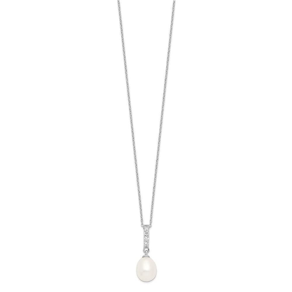 Sterling Silver 9mm White Pearl Cubic Zirconia Pendant Chain Necklace - 17 Inch Elegant Slide Necklace for Women, Perfect for Weddings, Parties & Everyday Wear