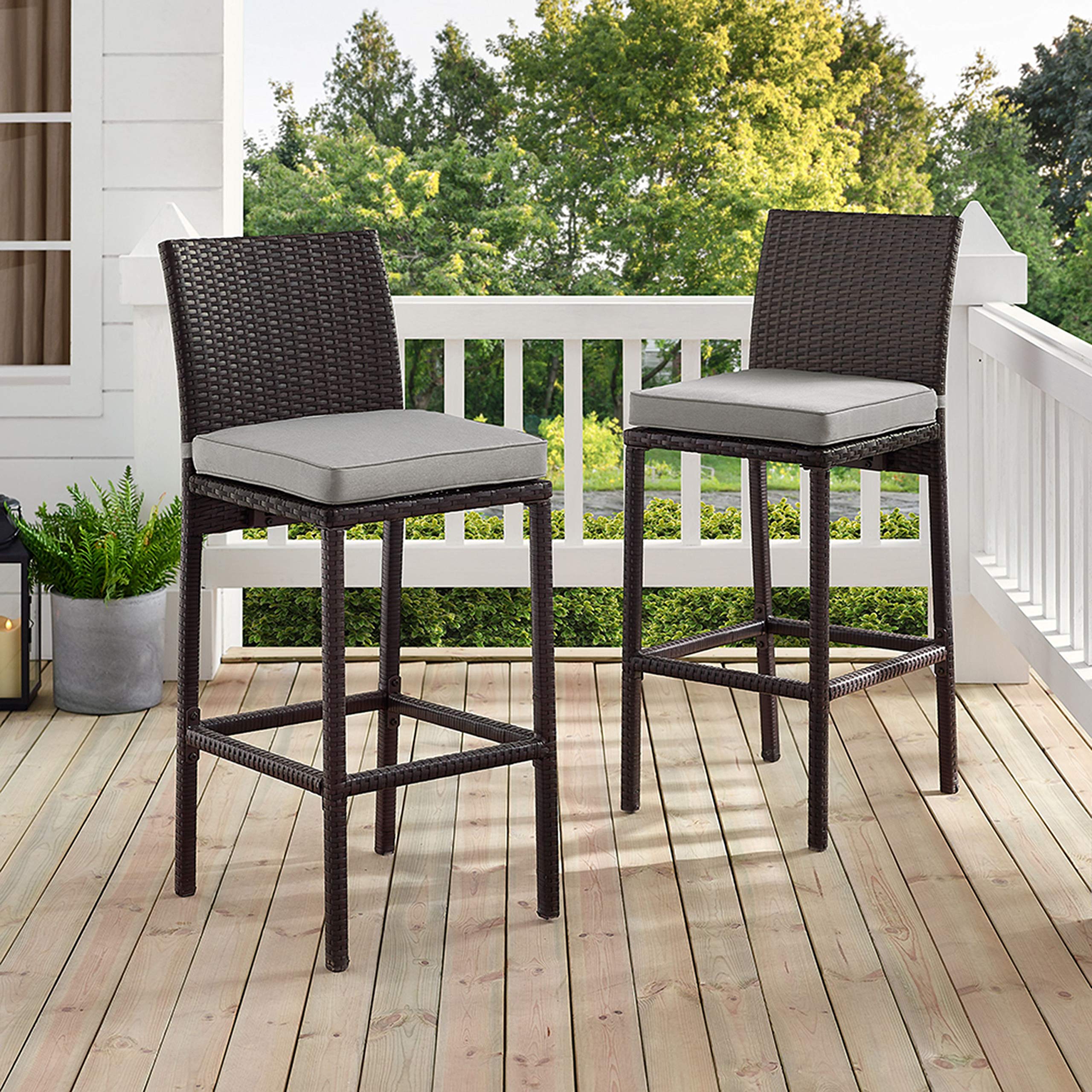 Crosley Furniture Palm Harbor Wicker Outdoor Bar Stools Set of 2 - Brown with Gray Cushion - Patio, Backyard & Balcony Bar Stools for Outdoor Entertaining & Dining