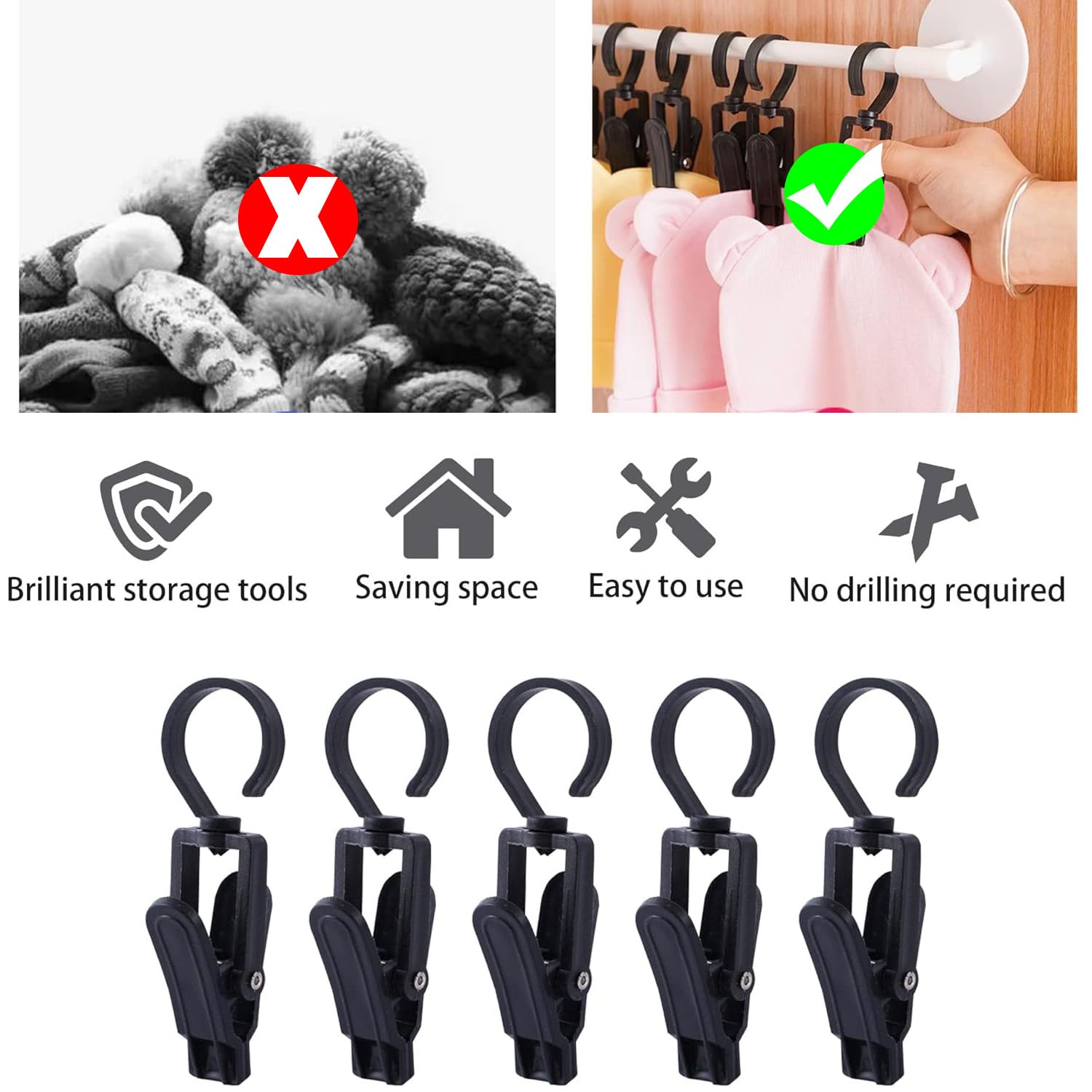 10 Pack Black Plastic Multi-Purpose Rotating Hat Clips - Heavy Duty Laundry Hangers, Curtain Clips & Scarf Holders - Perfect for Hats, Boots, Socks, Quilts & Clothing - Ideal for Bathroom Towel Hooks, Closet Organization & Drying Laundry