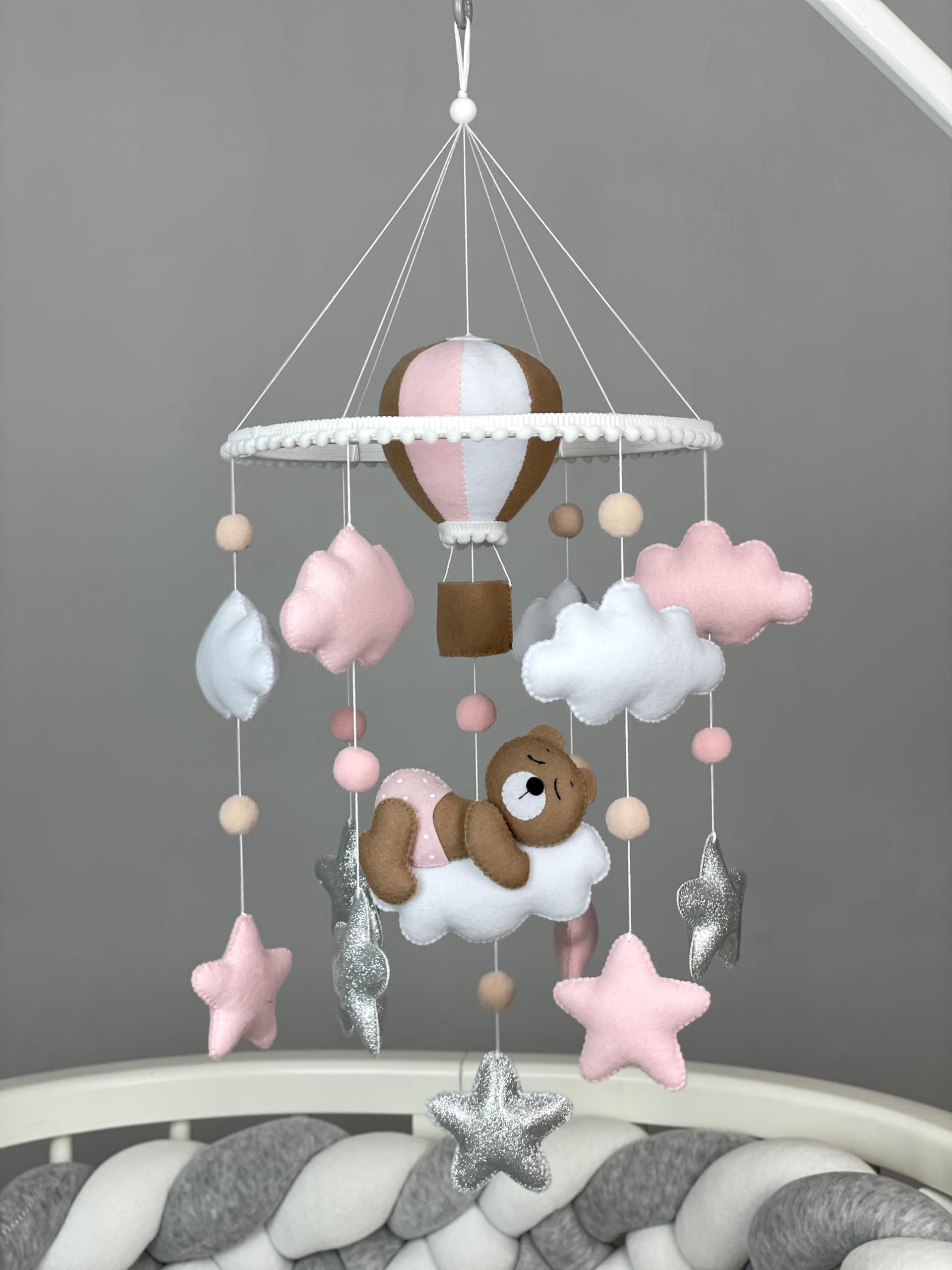 Pink Teddy Bear Baby Mobile for Crib - Balloon Themed Nursery Decor, Newborn Girl Gift for Baby Shower & New Moms | Perfect for Nursery Room, Baby Girl Bedroom & New Mom Gifts