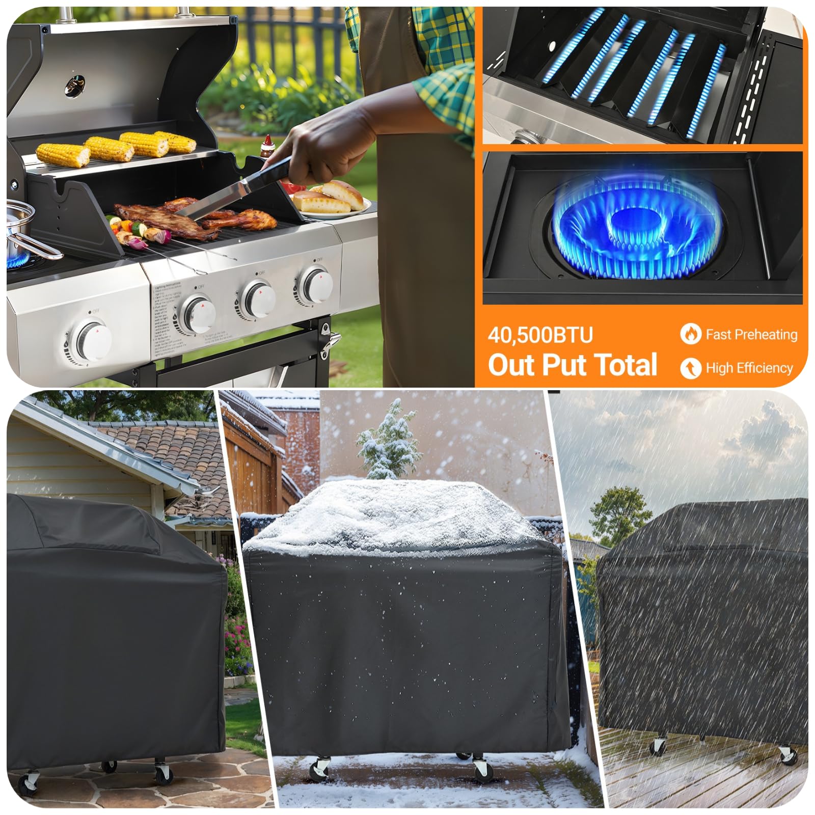 40,500 BTU Propane Gas Grill - 4 Stainless Steel Burners with Side Burner & Cover - Built-in Temperature Gauge - Perfect for Outdoor BBQ, Backyard Cooking, Camping & Tailgating Parties