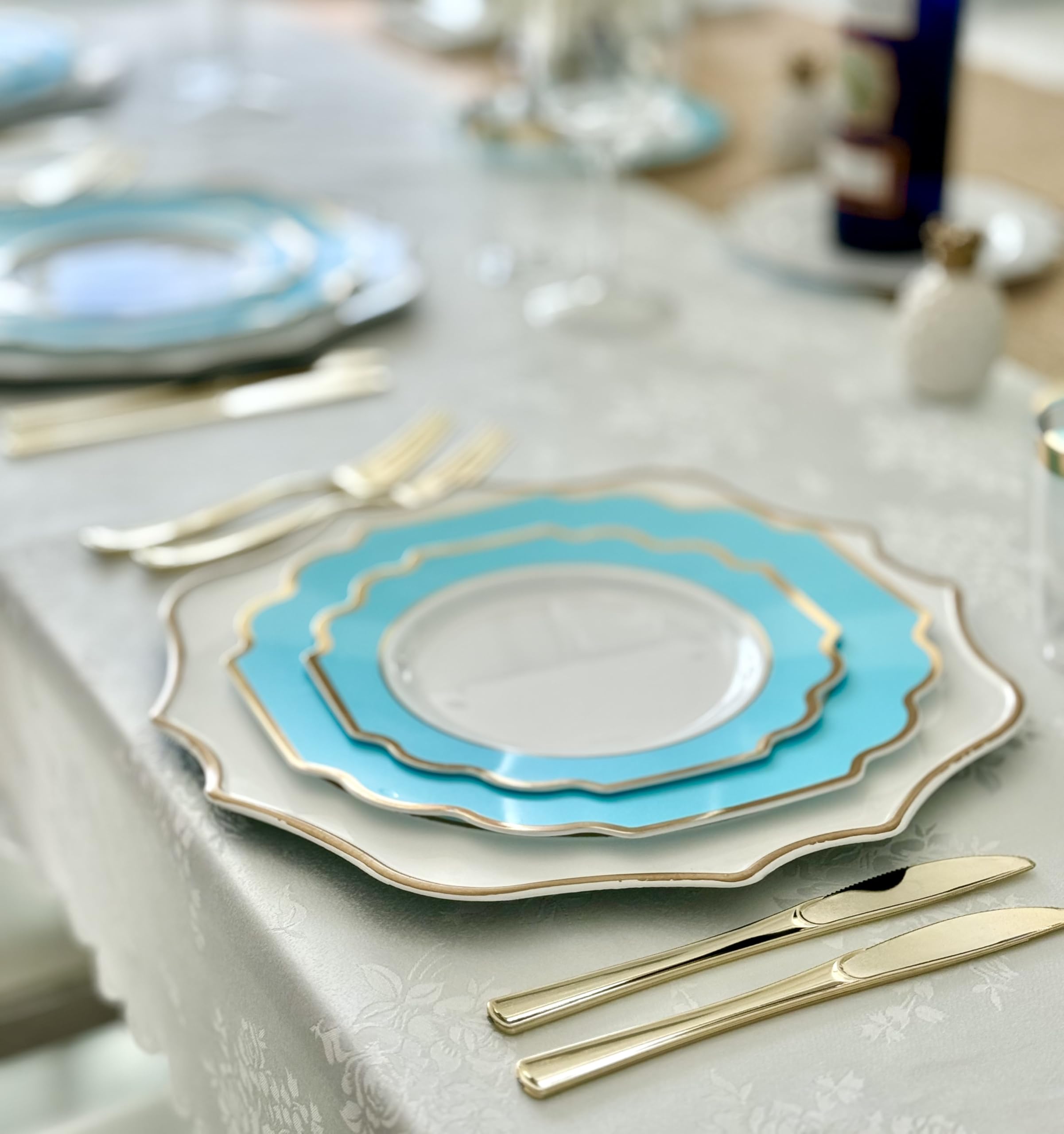 240-Pack Heavyweight Disposable Plastic Plates for Weddings & Parties - 8'' Appetizer/Dessert Plates in Imperial Aqua & Gold - Elegant Dinnerware for Bridal Showers, Baby Showers & Special Events