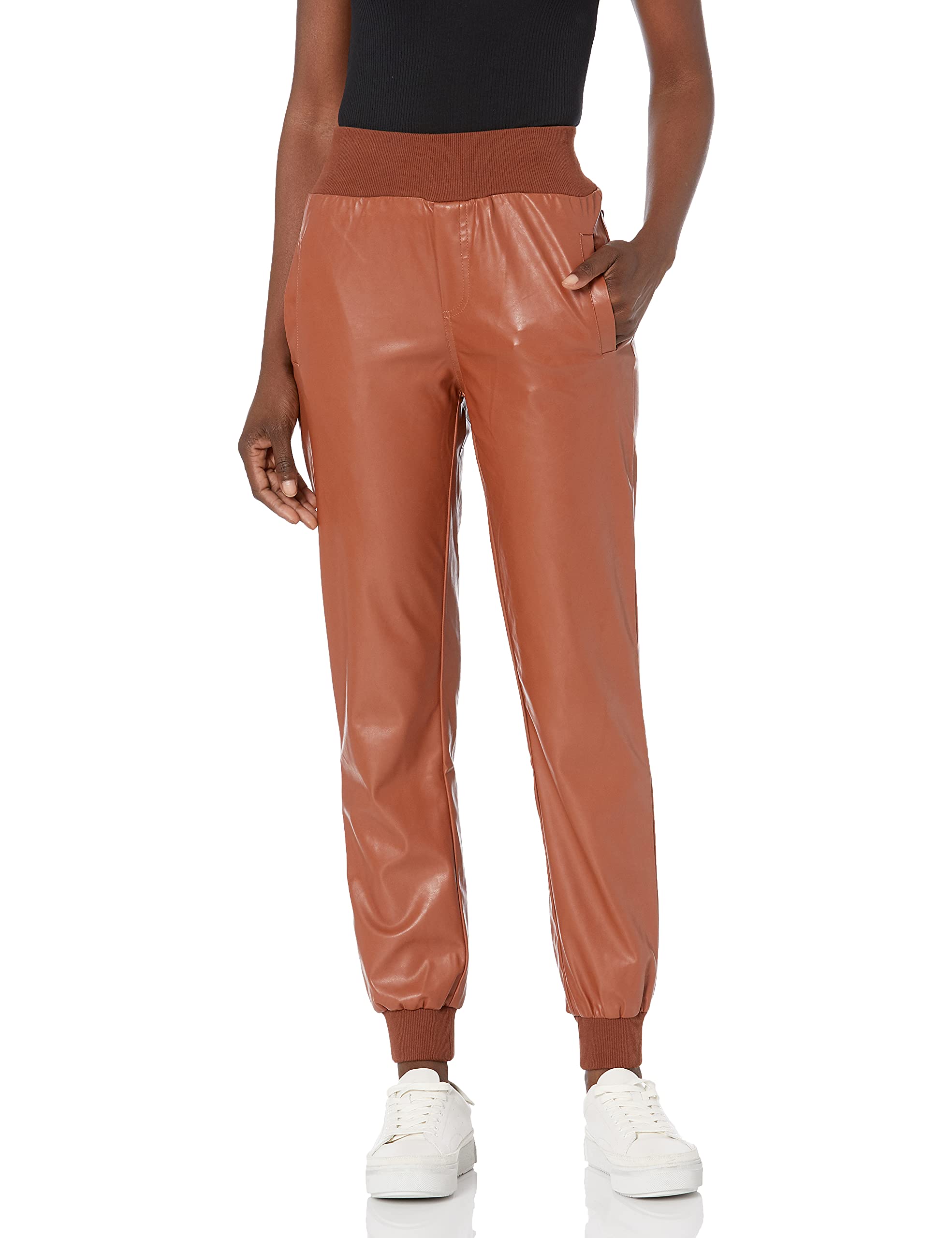 KENDALL + KYLIE Women's Vegan Leather Jogger Pants - High Waisted Stretchy Lounge Pants for Yoga, Running & Casual Wear