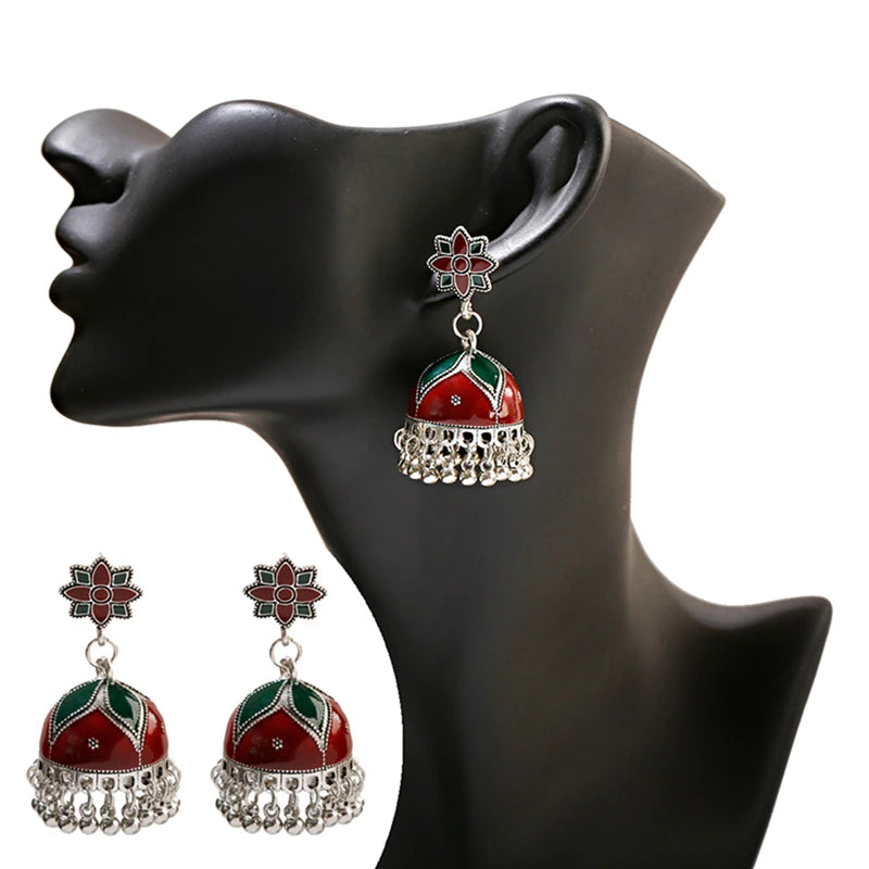 Bohemian Floral Jhumka Earrings with Silver Tassels - Handmade Ethnic Indian Jewelry for Women (E905) | Perfect for Festivals, Weddings & Boho Fashion Accessories