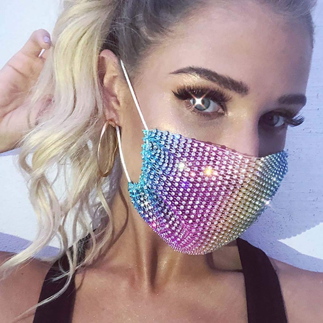 Sparkling Rhinestone Mesh Face Mask - Breathable Crystal Party Mask with Purple & Rainbow Stones for Women & Girls | Reusable Glam Mask for Nightclub, Rave, Costume & Special Events