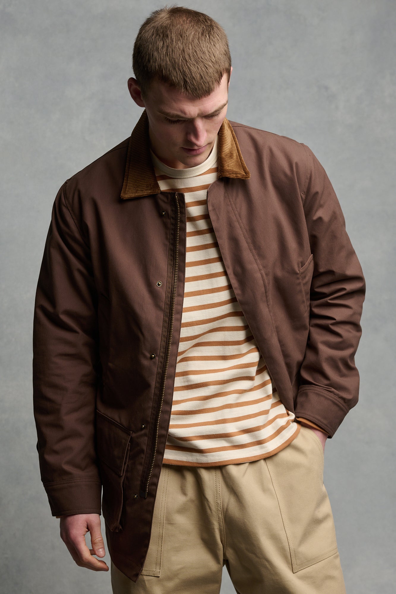Men's Breton Striped Long Sleeve Shirt - Ecru & Cinnamon Color - Casual Office Wear & Weekend Outfits