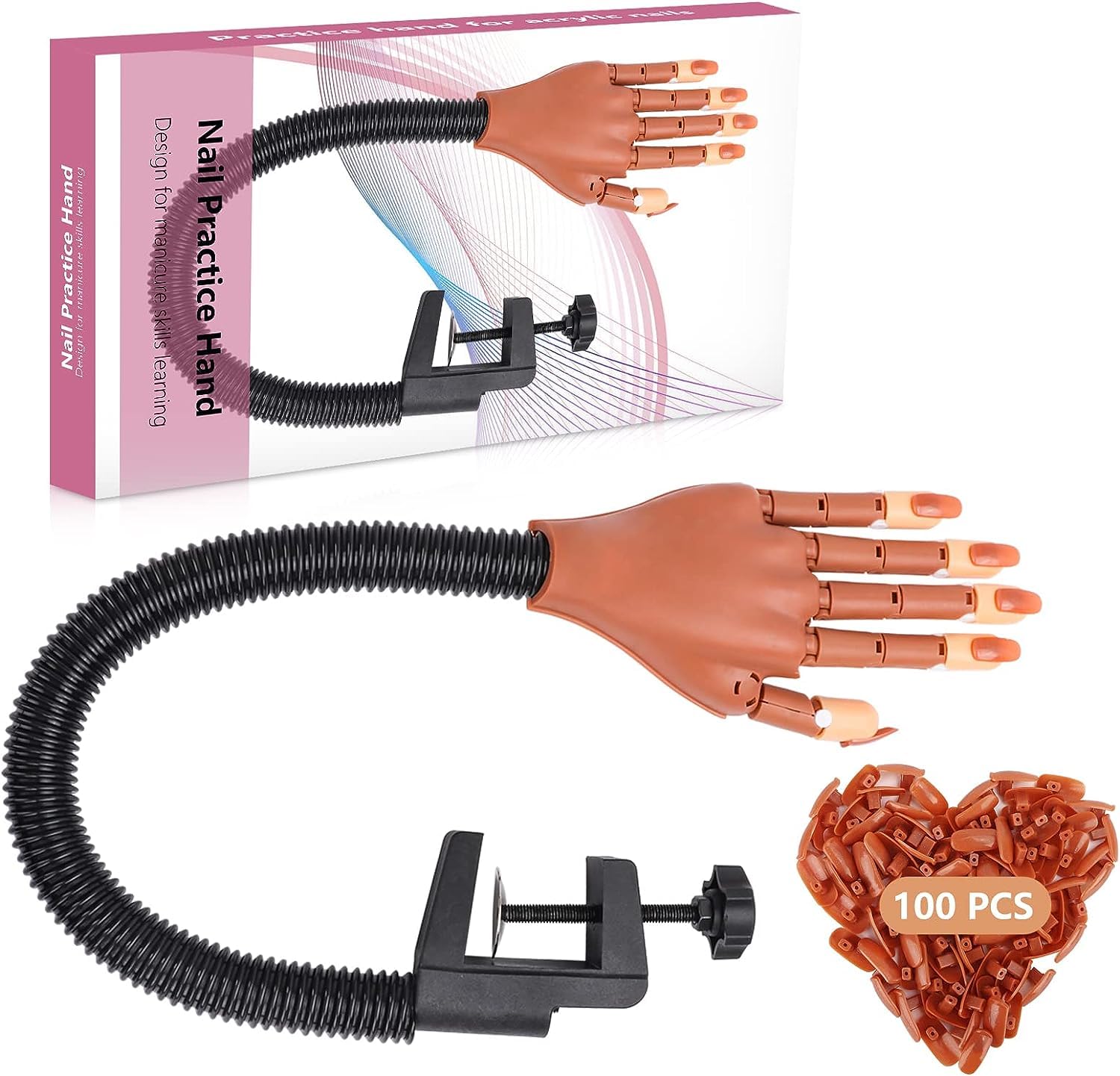 100 Pcs Flexible Practice Hand for Acrylic Nails - Professional Adjustable Nail Training Hand with False Finger Tips for DIY Manicure & Nail Art | Perfect for Salon Training, Home Practice & Nail Technician Beginners