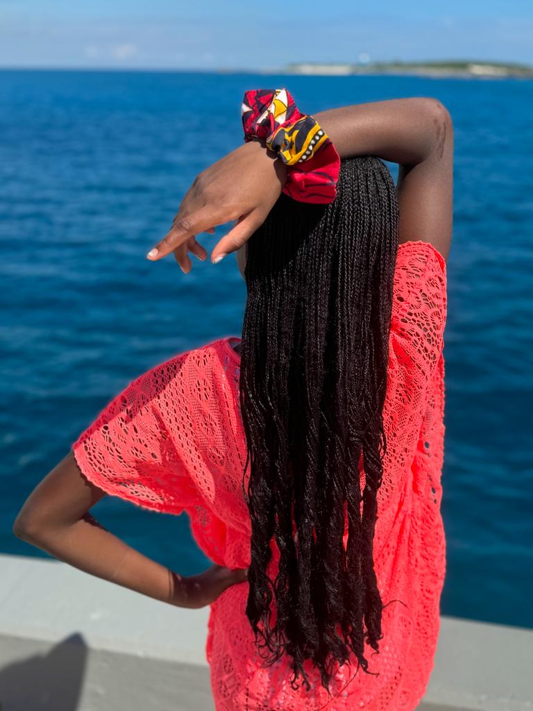 Authentic African Print Ankara Scrunchie for Girls - Red, Gold, Off White & Bluish Black | Elegant Hair Accessory | Perfect for School, Parties & Everyday Wear | DPSCR2687