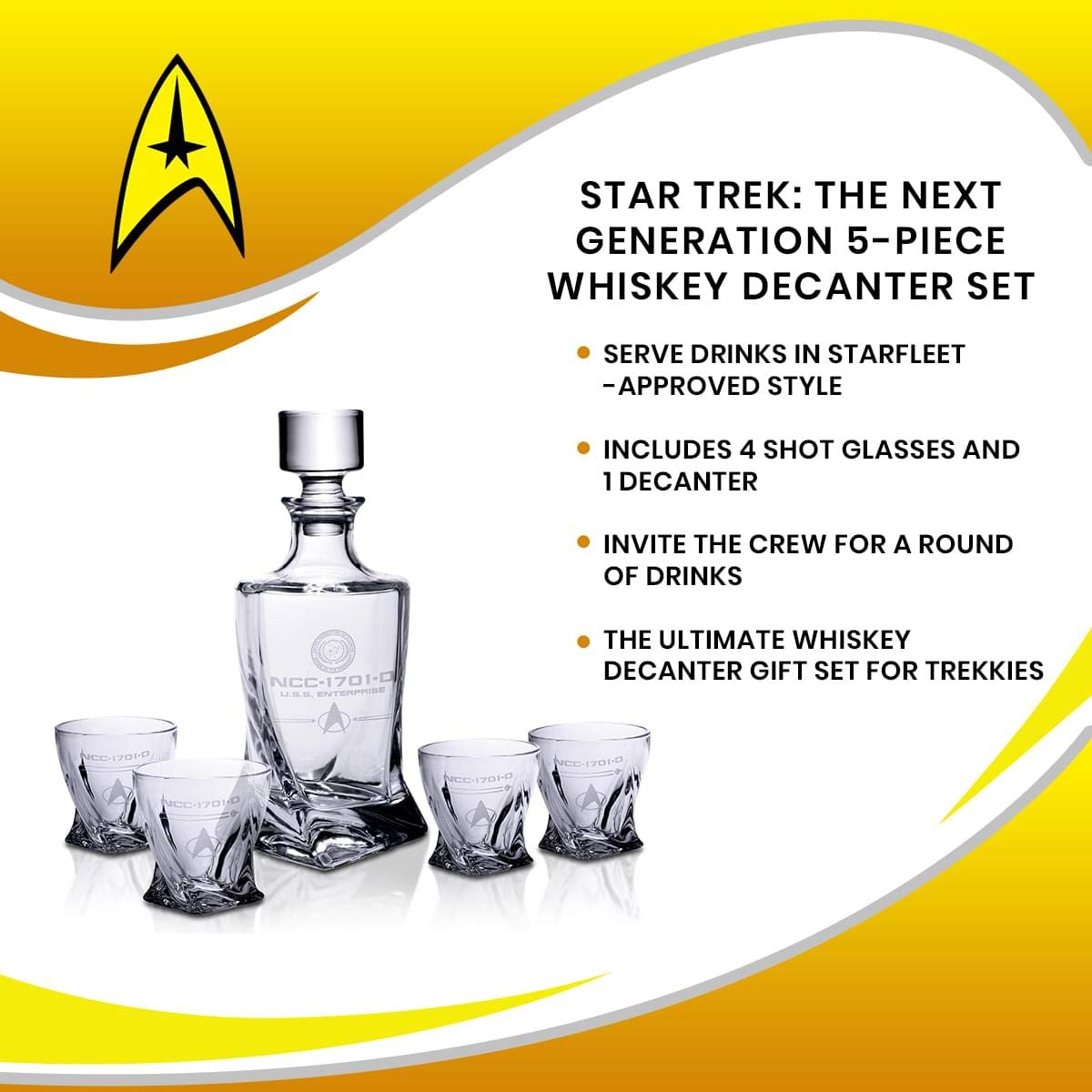 Star Trek: The Next Generation 5-Piece Whiskey Decanter Set with USS Enterprise Themed Shot Glasses - 10oz Each - Perfect for Home Barware Collection, Sci-Fi Parties & Trekkie Gifts