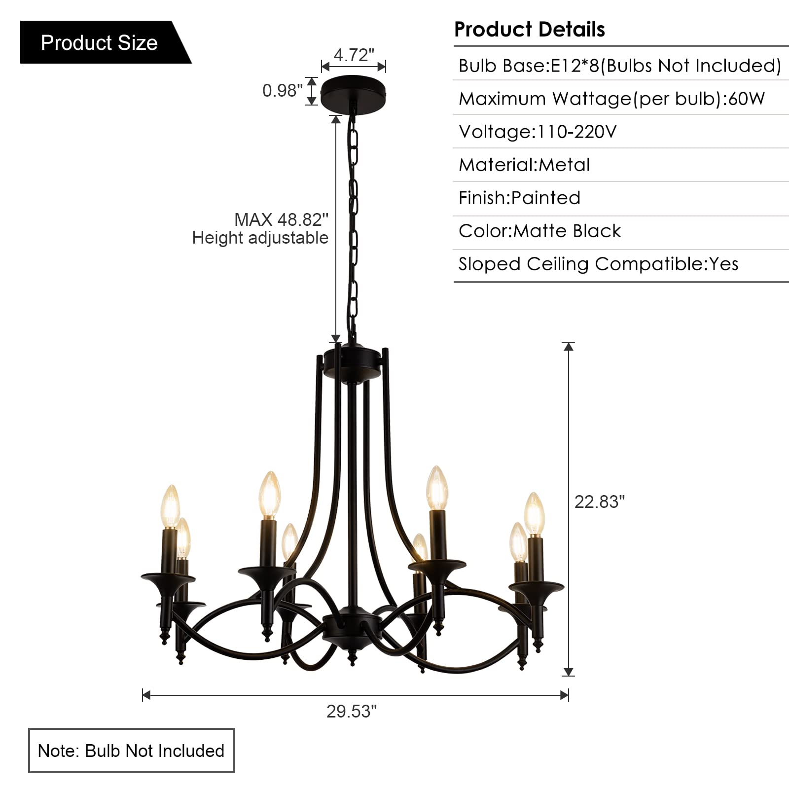 8-Light Black Iron Farmhouse Chandelier - Industrial Candle Pendant Light Fixture for Dining Room, Living Room, Bedroom & Kitchen Island | Rustic Ceiling Lighting for Modern Homes, Restaurants & Wedding Venues