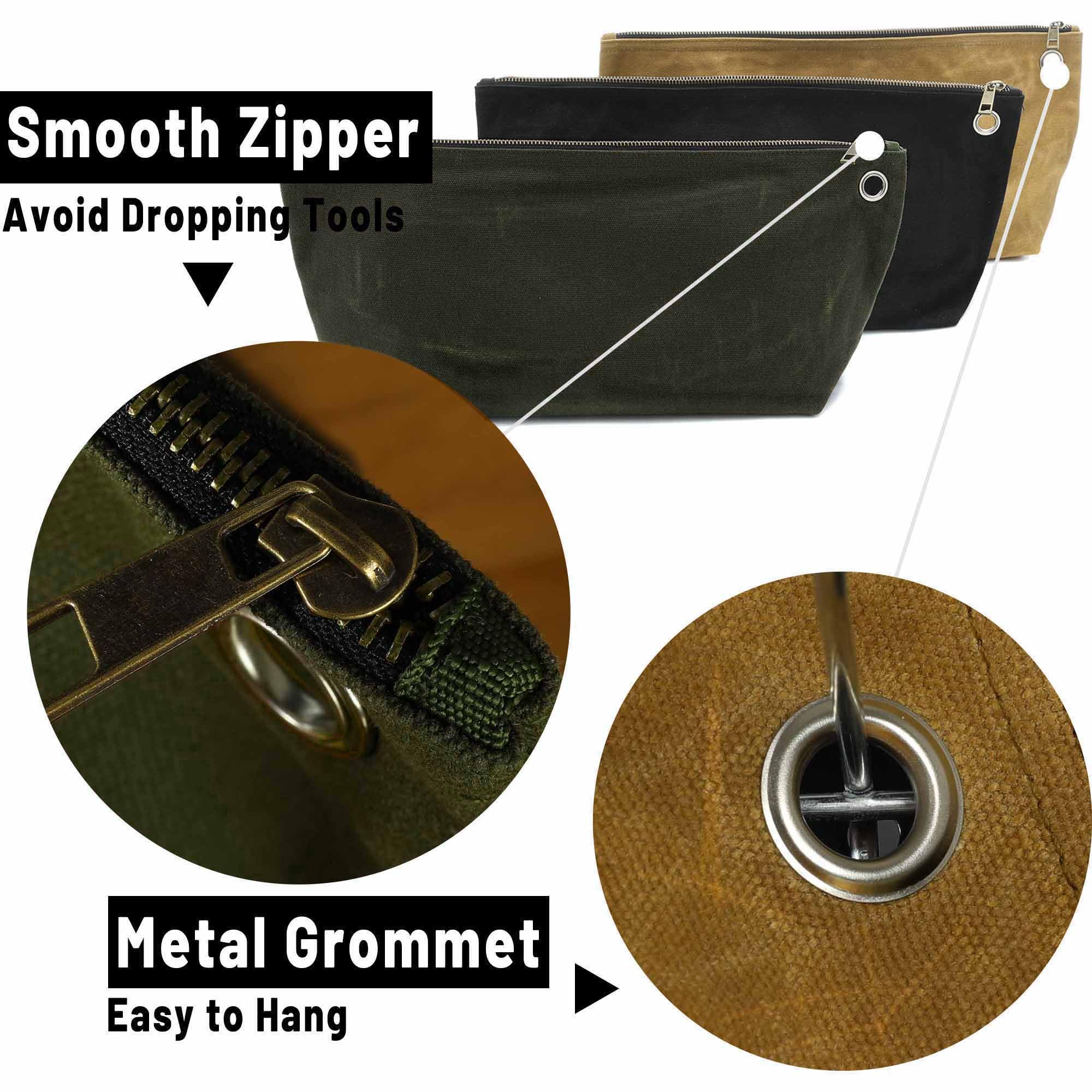 Durable 16OZ Waxed Canvas Tool Pouch Set - Standable One-Piece Tool Organizer with Brass Zipper & Grommet - Large 15.5