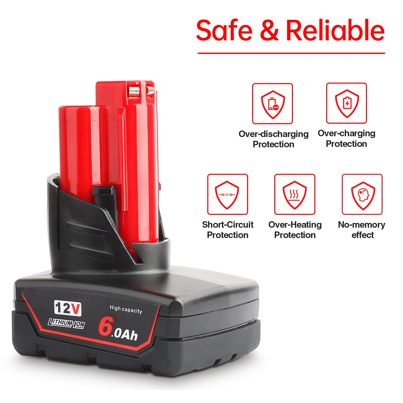 2 Pack 12V 6Ah Lithium-ion Replacement Battery for Milwaukee 12V Power Tools - Compatible with Milwaukee 48-11-0490, 48-11-2402, 48-11-2411, 48-11-2430 - LED Power Indicator - Perfect for Drills, Saws, and Other 12V Cordless Tools (Not Made by Milwaukee)