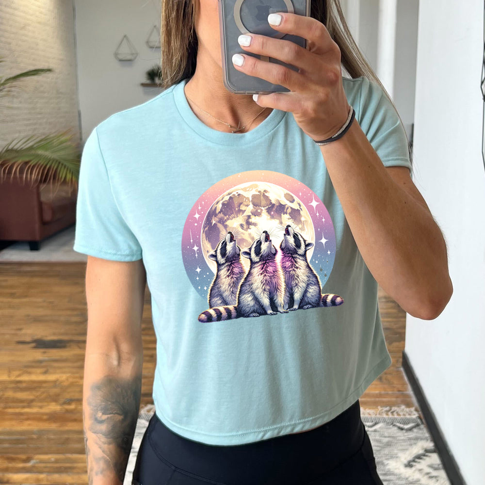 Raccoon Moon Graphic Cropped T-Shirt for Women - Trendy Casual Streetwear Top for Summer Outfits & Music Festivals