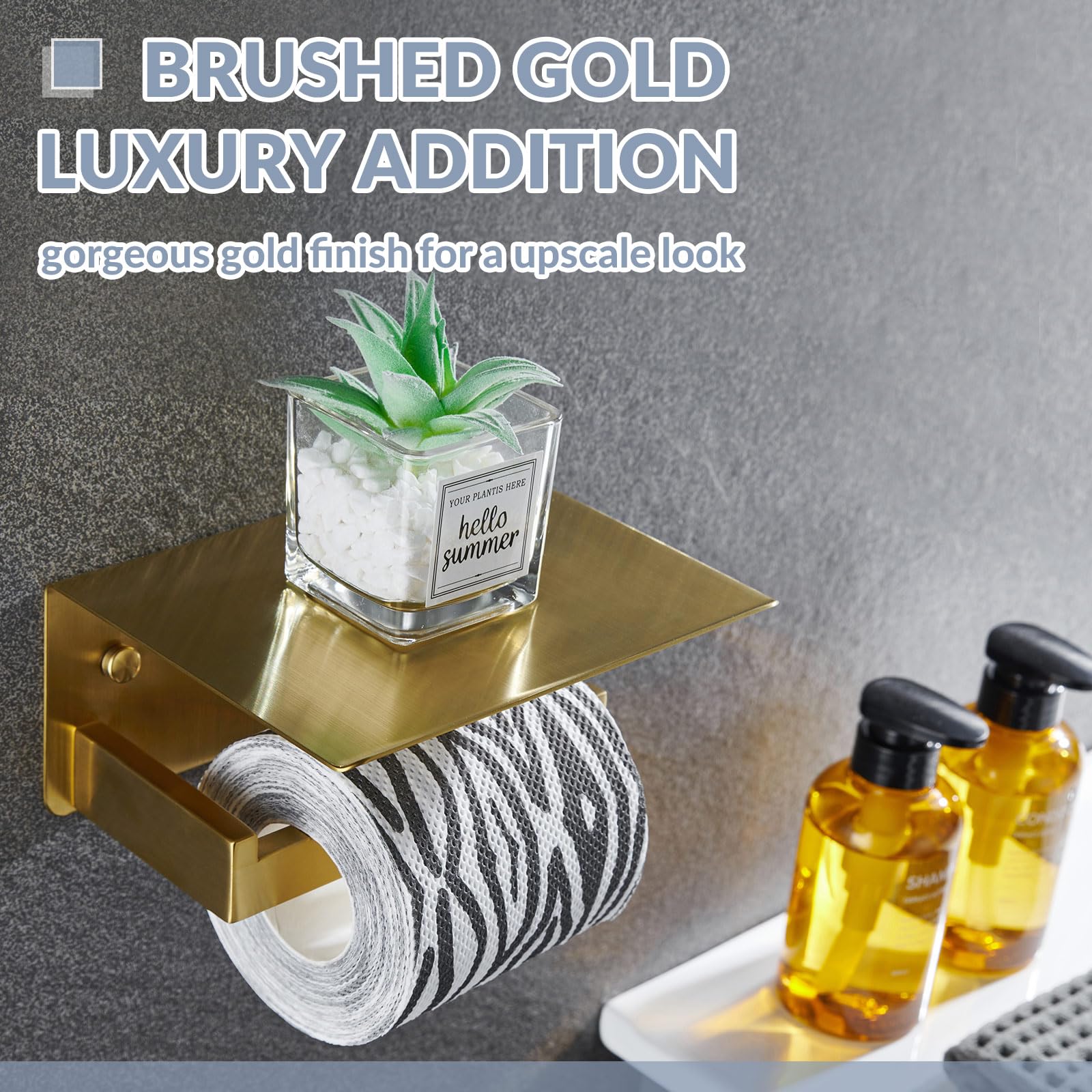 Modern Brushed Gold Toilet Paper Holder with Shelf - APLusee SUS 304 Stainless Steel Bathroom Tissue Roll Dispenser & Storage Organizer - Perfect for Contemporary Bathrooms, Powder Rooms, and Guest Baths