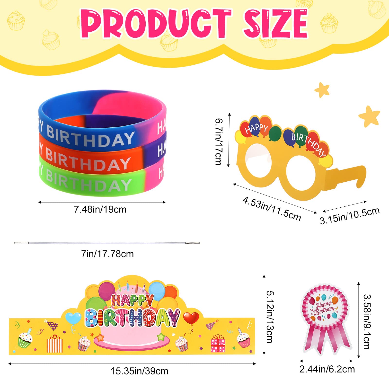 Yunsailing 144-Piece Birthday Party Supplies Kit for Kids - 36 Crowns, 36 Funny Paper Sunglasses, 36 Badge Stickers & 36 Silicone Wristbands (Colorful) - Perfect for Classroom Celebrations, Birthday Parties & Carnival Events