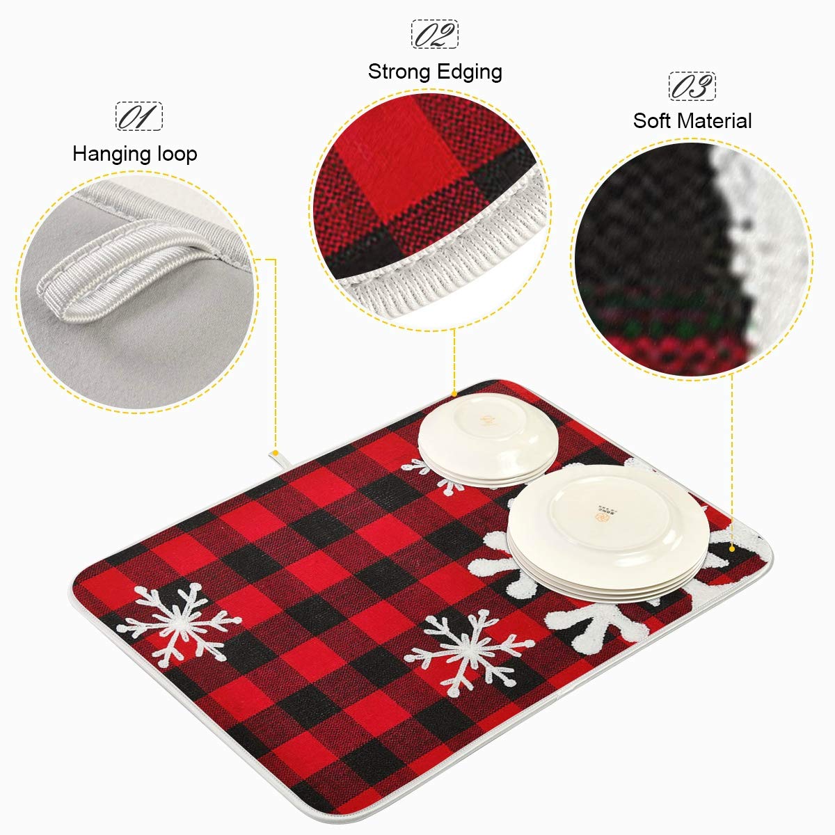Christmas Plaid Dish Drying Mat 18x24 Inch - Red Black Snowflake Design for Kitchen Countertops & Bottles