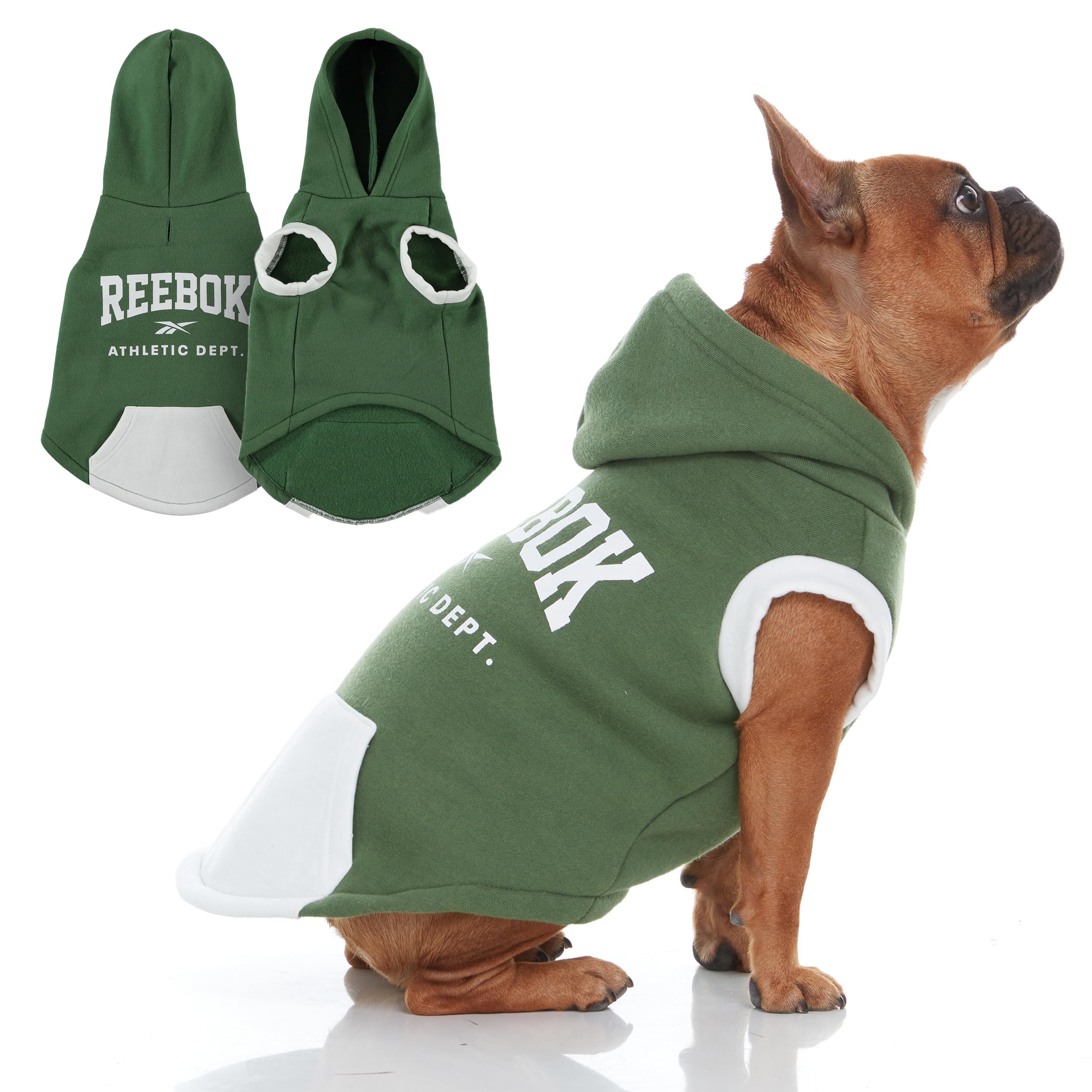 Reebok Fleece Dog Hoodie with Leash Hole - Warm Winter Dog Sweater for Small, Medium & Large Dogs | Premium Pullover Hoodie for Fall & Christmas | Cozy Pet Outfit for Cold Weather Walks & Holiday Photos
