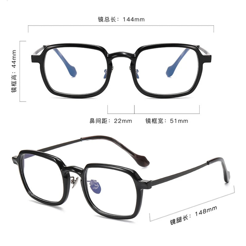 Stylish Black Unisex Square Acetate & Titanium Eyeglasses Frame 96072 - Perfect for Work, Reading & Fashion Accessories