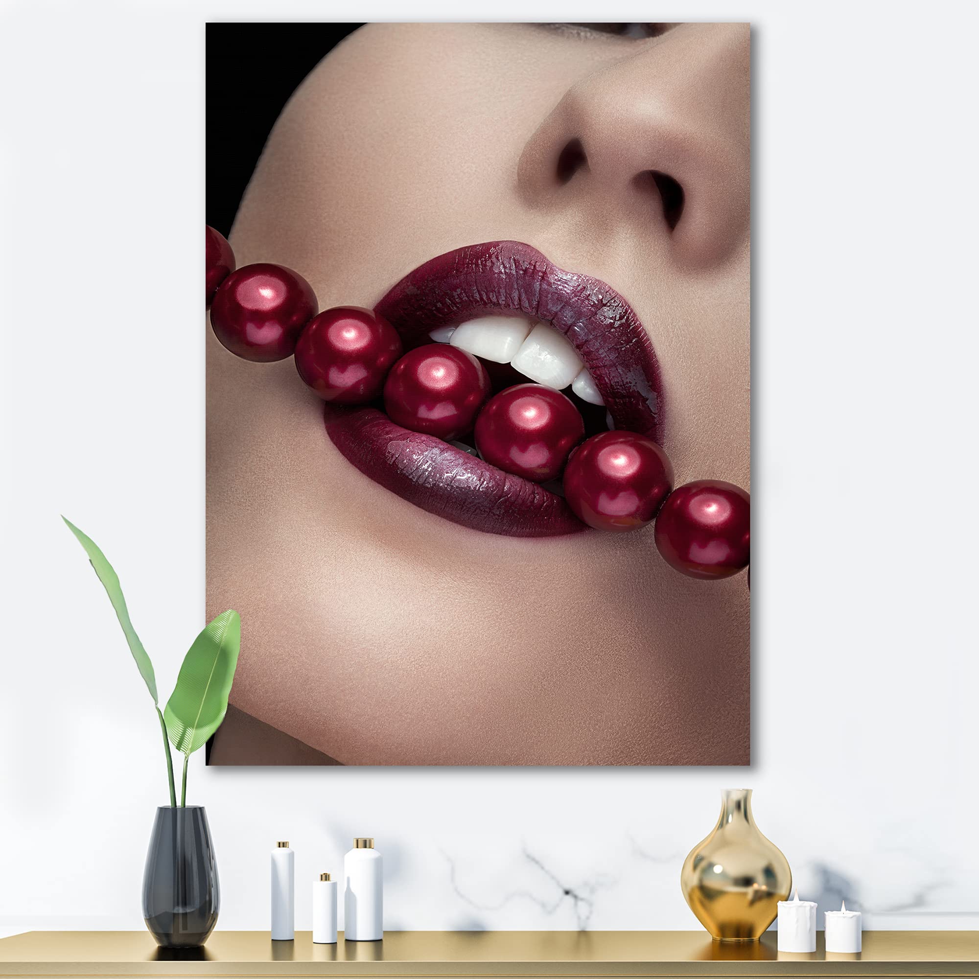 DesignQ Modern Canvas Wall Art - Red Lips & Pearls Biting Woman Painting - Perfect for Living Room, Bedroom, or Office Decor