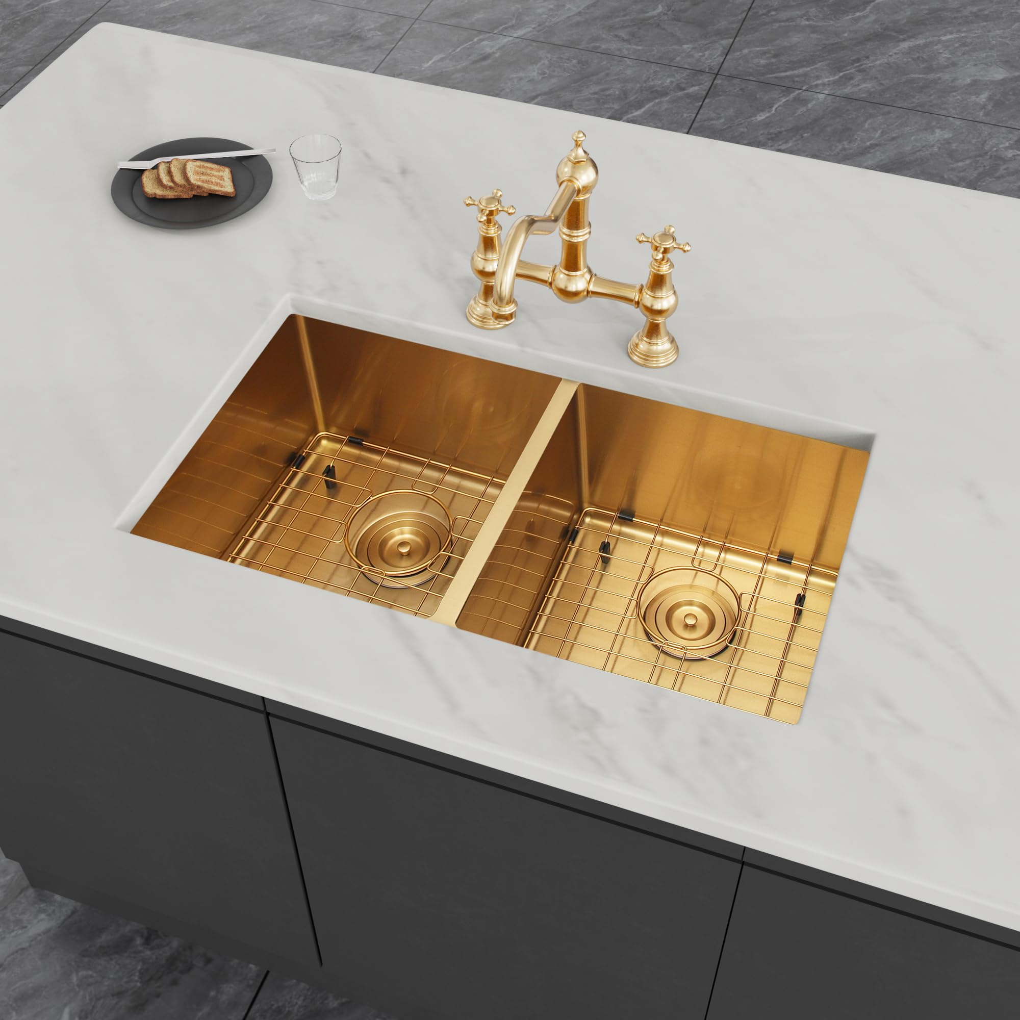 LQS 31 Inch Undermount Double Bowl Stainless Steel Kitchen Sink with Accessories - Gold Finish for Modern Farmhouse & Luxury Home Kitchen Renovation