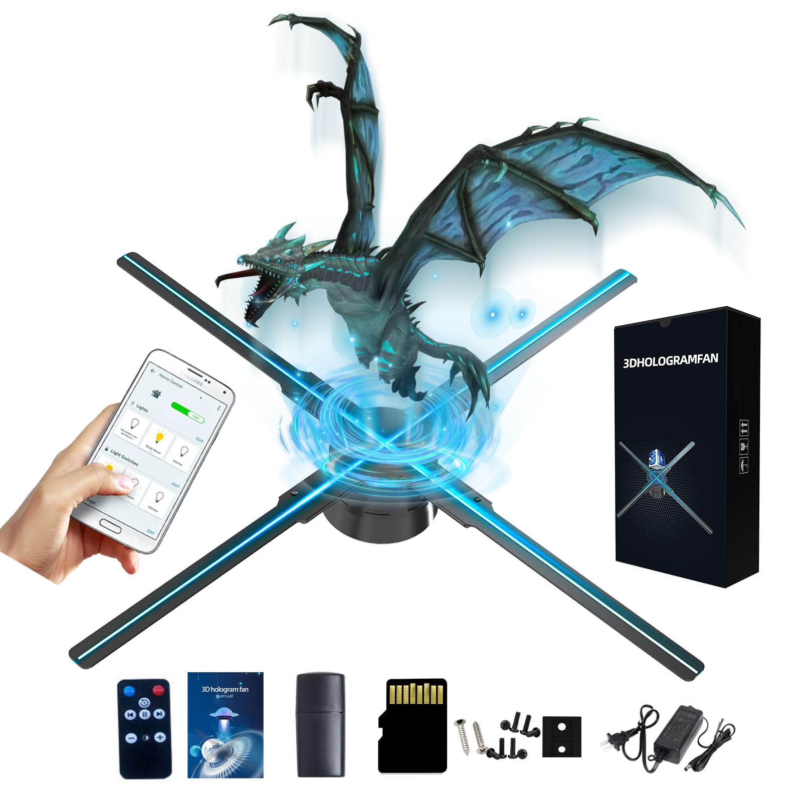 20.5 Inch 3D Hologram Fan with Stand - 52cm HD LED Holographic Projector for Business Advertising, Bluetooth & WiFi Enabled with Remote Control, 700+ Video Library - Perfect for Bars, Halloween Events, and Retail Displays