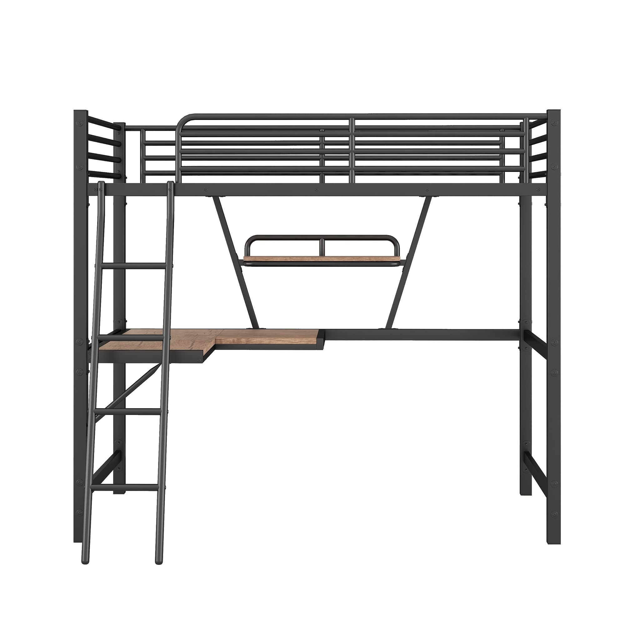 KLMM Modern Twin Size Loft Metal & MDF Bed with Built-in Desk and Shelves - Space Saving Study Bed for Teens & Adults - Perfect for Small Bedrooms, Dorm Rooms & Studio Apartments (Black)