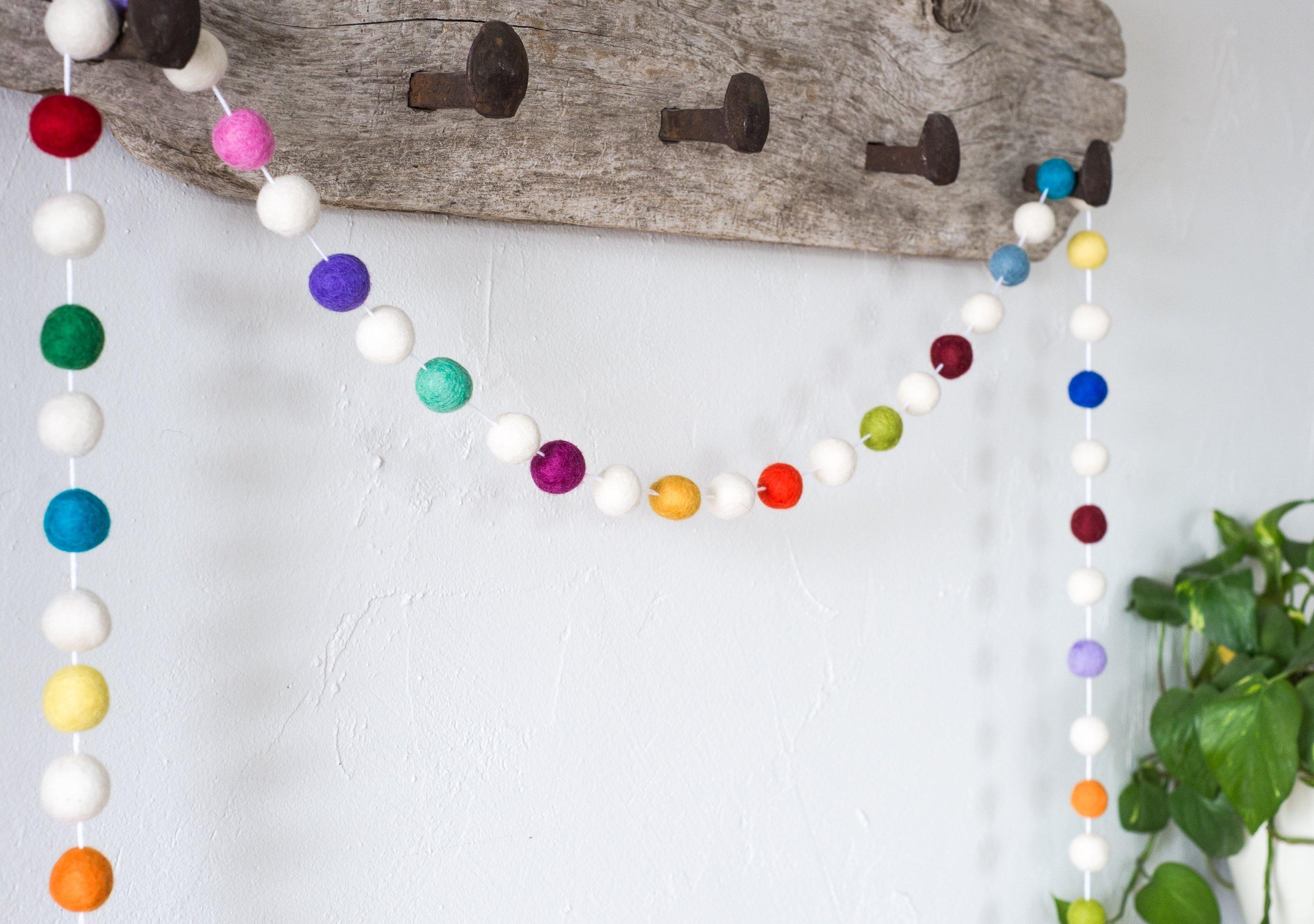 Colorful Rainbow Felt Ball Garland Decor - 12ft Party Backdrop, Nursery Mobile, Boho Wedding & Baby Shower Decoration for Wall, Ceiling, Photo Booth