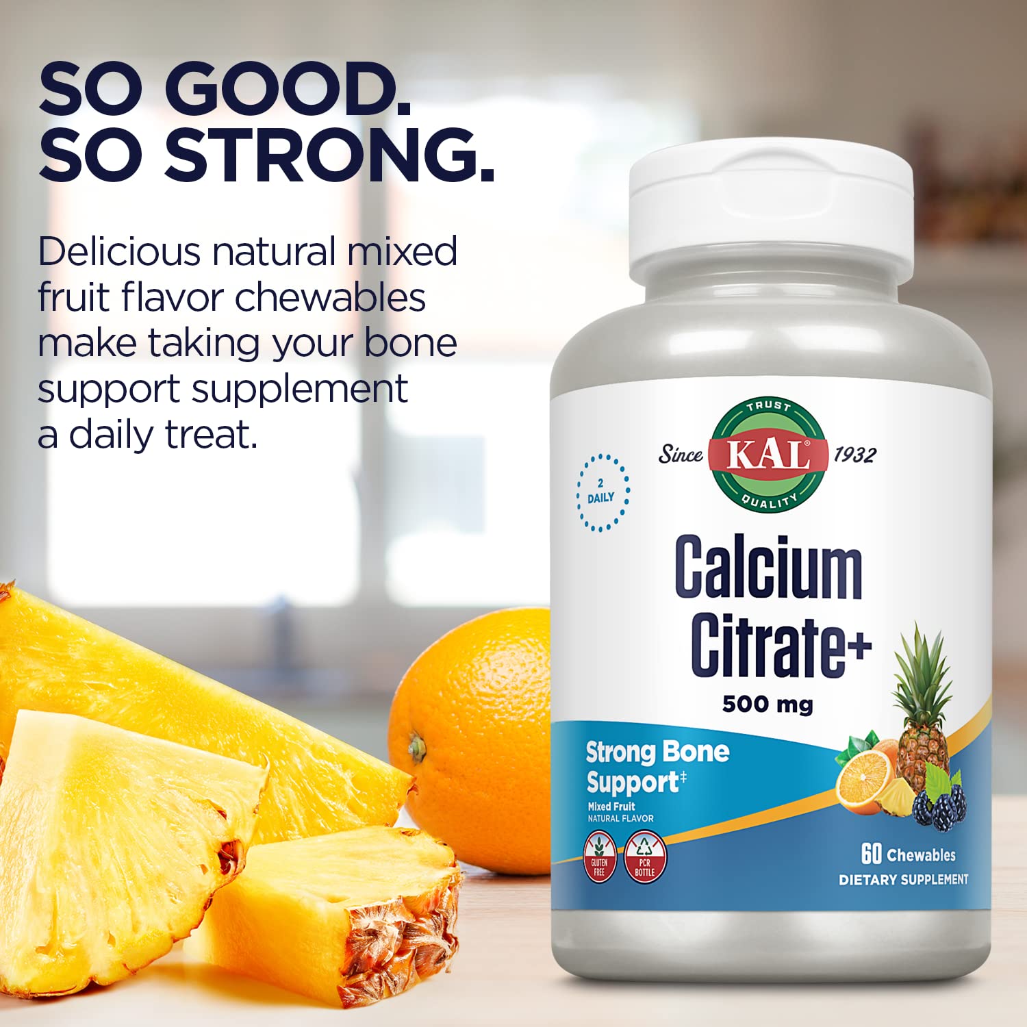 KAL Calcium Citrate Chewable Tablets - Mixed Fruit Flavor - 60 Count - Supports Bone Health & Teeth Strength - Perfect for Active Lifestyles & Daily Nutrition