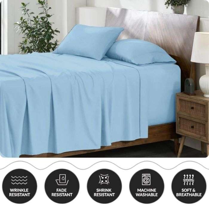 Premium 4-Piece Queen Size Extra Deep Pocket Sheet Set - 18 to 24 Inch Fitted Cotton Bed Sheets in Light Blue - Perfect for Thick Mattresses, Adjustable Beds & Luxury Bedrooms