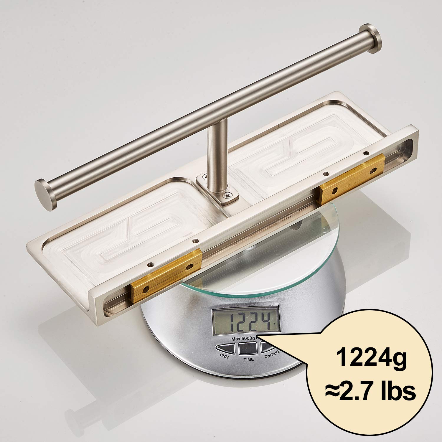 Premium Double Roll Toilet Paper Holder with Shelf - Solid Brass Hotel Style Tissue Dispenser - Polished Nickel Finish - Bathroom Storage Solution for Luxury Homes & Hotels