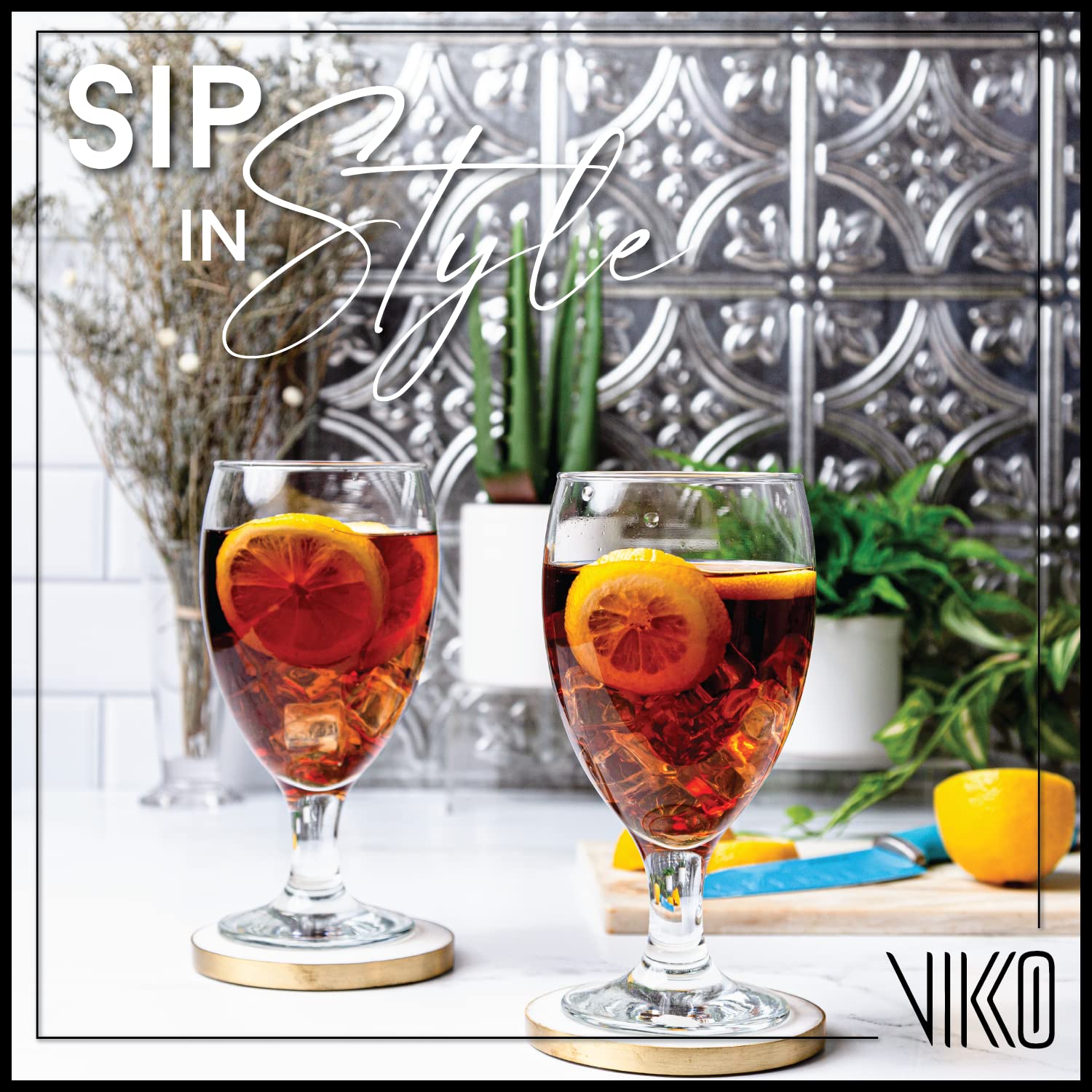 Vikko Classic 20oz Goblet Glasses Set of 6 - Elegant Iced Tea & Water Drinking Glasses for Parties, Weddings & Home Dining - Durable Dishwasher Safe Glassware for Everyday Use & Special Occasions