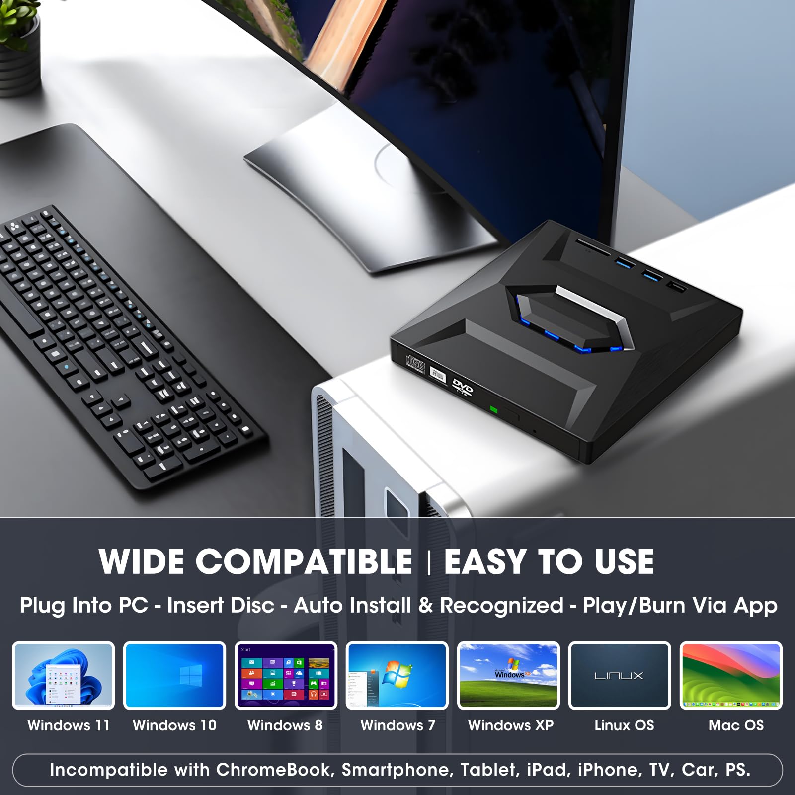 ROOFULL Portable External CD DVD Drive USB 3.0 & USB-C - CD/DVD Burner Player with USB Hub & SD Card Reader - Optical Disk Drive Writer for Laptop PC Windows 11/10, Mac, Linux - Perfect for Home Office, Travel, and Media Backup