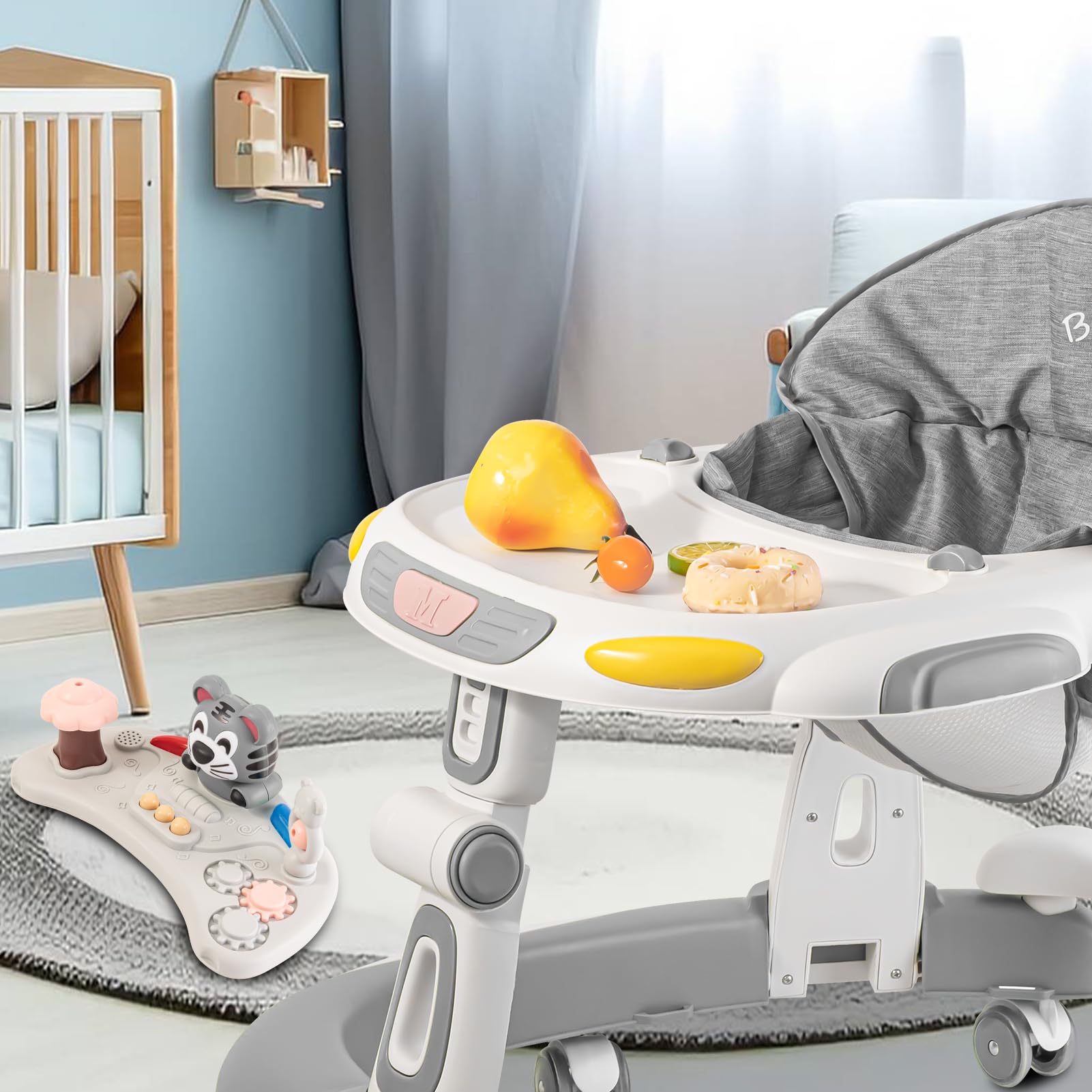 4-in-1 Foldable Baby Walker & Activity Center with Toy Tray - 3-Level Height Adjustable Infant Walker with Wheels for Boys & Girls 6-24 Months (Grey) - Perfect for Learning to Walk, Playtime & Indoor Activities