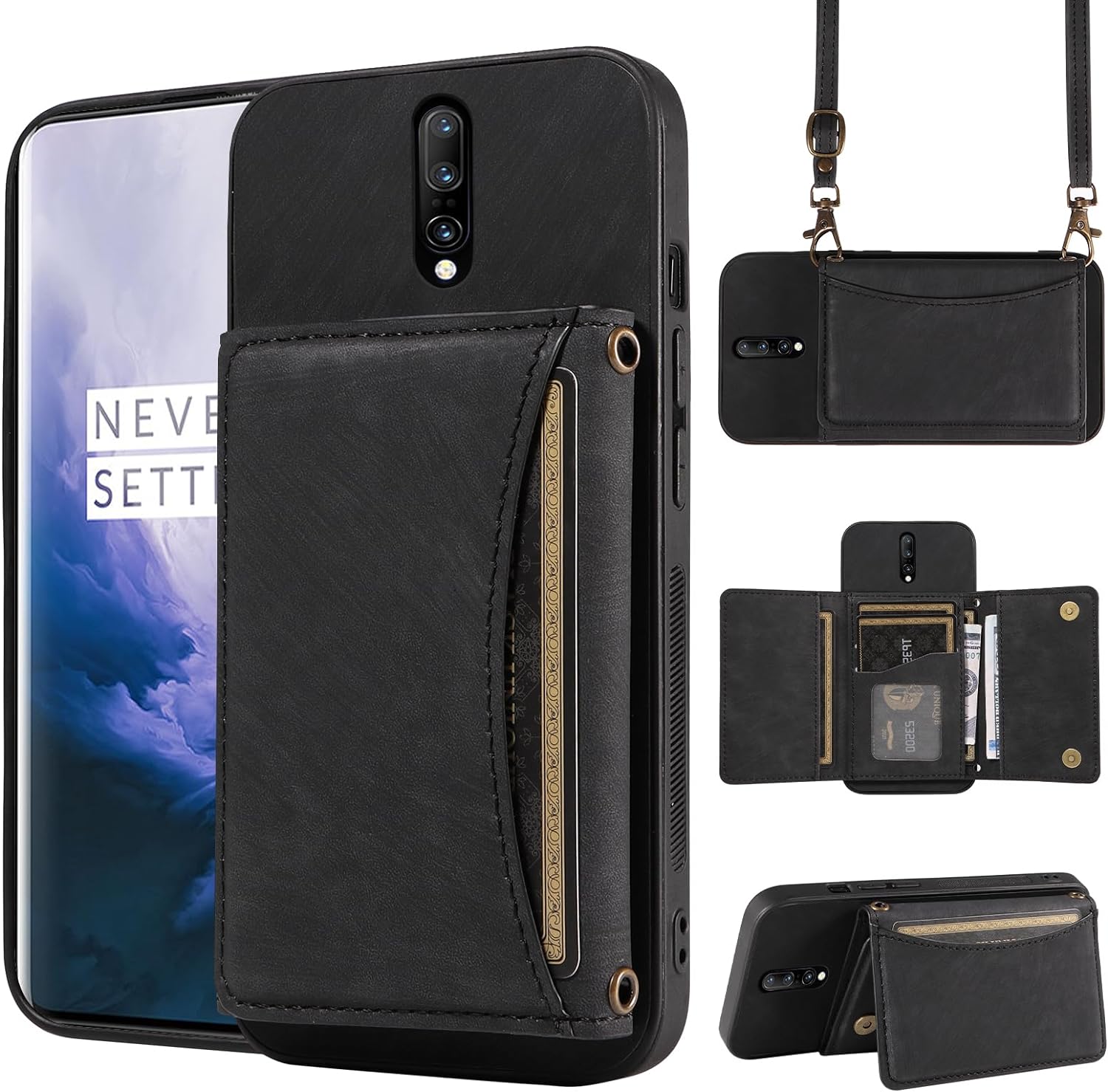 OnePlus 7 Pro Wallet Case with Crossbody Shoulder Strap & Leather Credit Card Holder - Slim Protective Phone Cover for Daily Use, Travel & Business