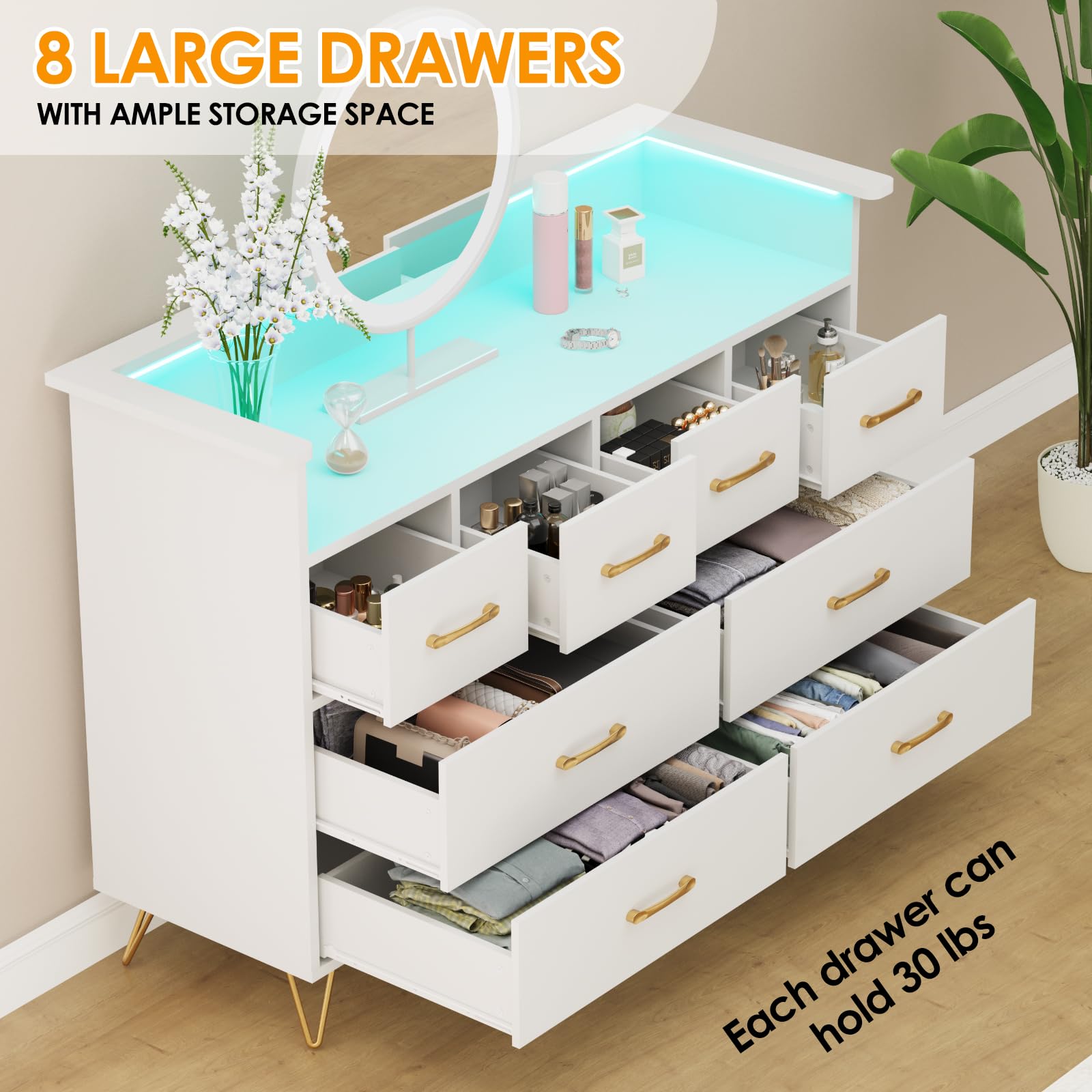 Modern White Wooden Dresser with LED Lights & USB Charging Station - 8-Drawer Storage Organizer for Bedroom, Living Room, Entryway & Hallway - Spacious Open Design for Clothes, Shoes & Home Decor Organization