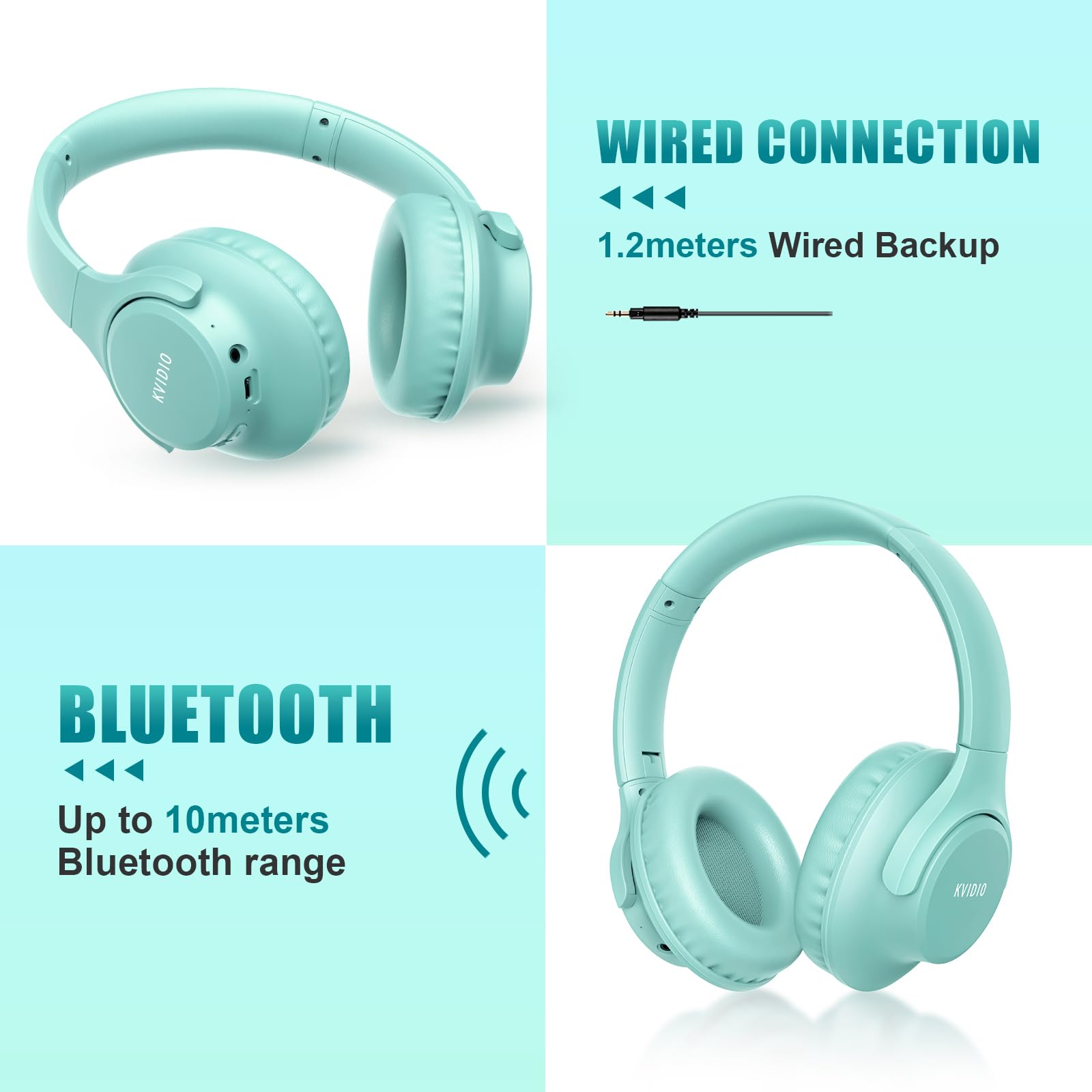 KVIDIO Wireless Bluetooth Over-Ear Headphones with Microphone, 65H Playtime, Foldable Lightweight Design, HiFi Stereo & Deep Bass - Perfect for Travel, Work, Gaming & Phone Calls (Green)