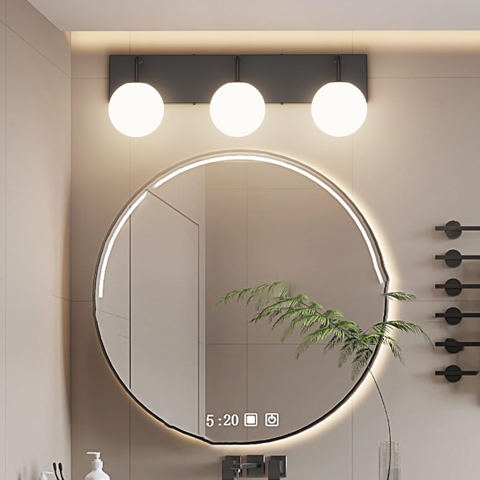 Tipace 3-Light Modern Black Bathroom Vanity Light Fixtures - Mid Century Industrial Vanity Lighting with Milk White Glass Globes for Mirror Illumination (Bulbs Not Included) | Perfect for Bathroom Makeover, Spa Lighting, and Modern Home Decor