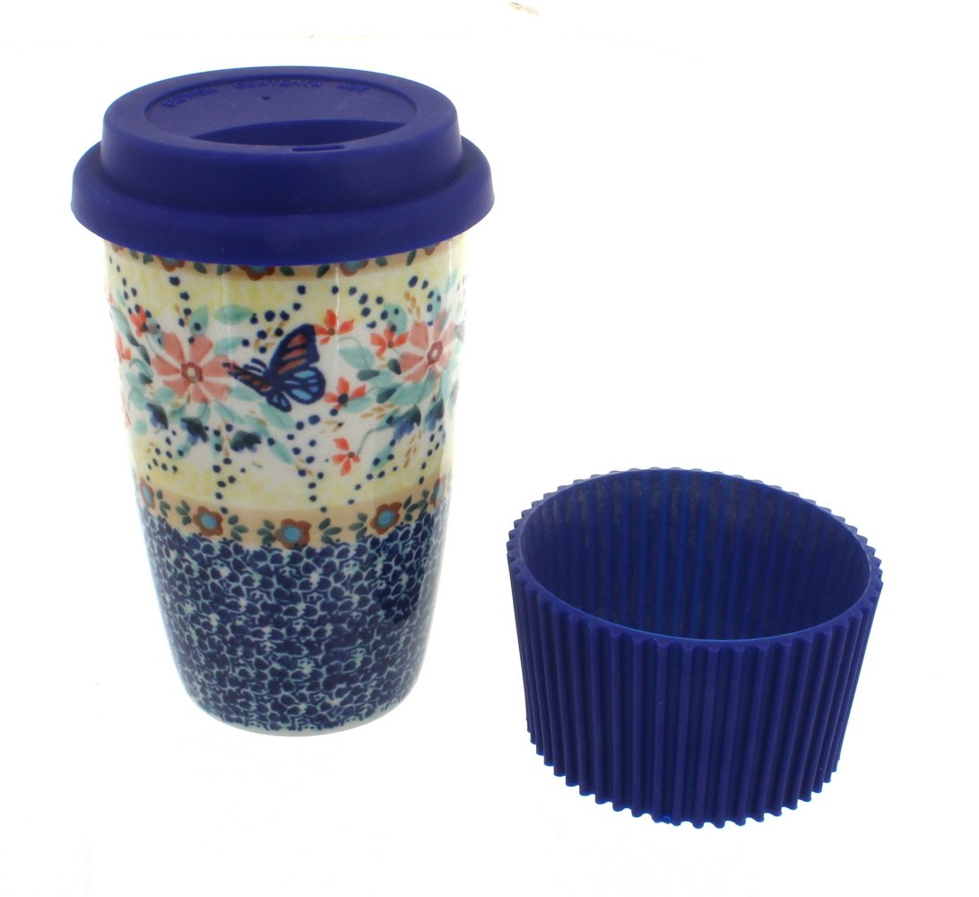 Handmade Blue Rose Polish Pottery Coffee Mug with Butterfly Design - Insulated Travel Tumbler for Hot & Cold Drinks - Perfect Gift for Coffee Lovers, Office Use, Camping & Road Trips