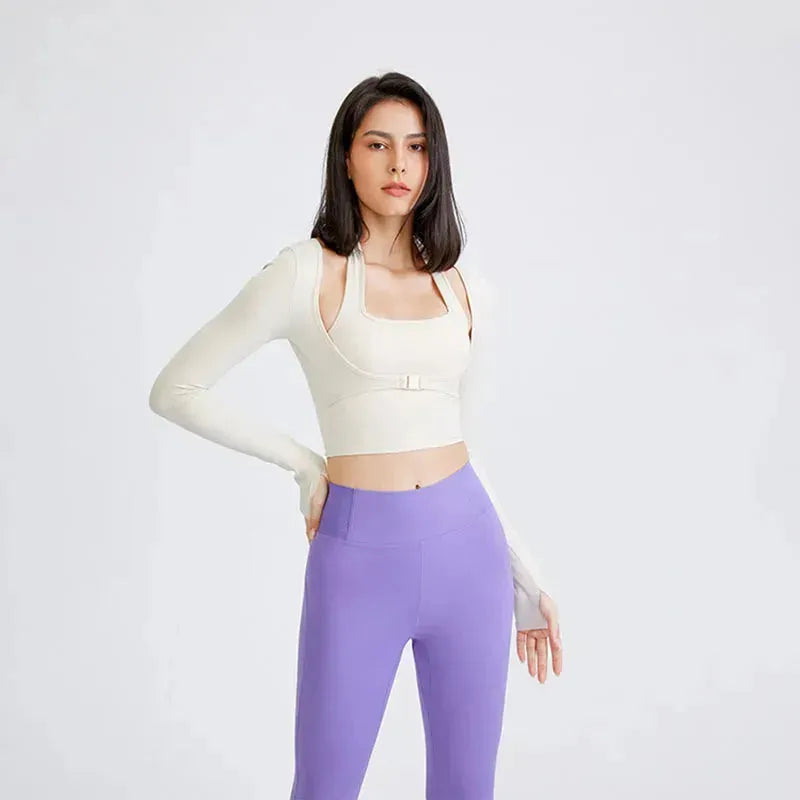 Sexy Long Sleeve Workout Top for Women - 2-in-1 Crop Yoga Shirt & Gym Jersey - Breathable Fitness Tee for Yoga, Running & Gym Training