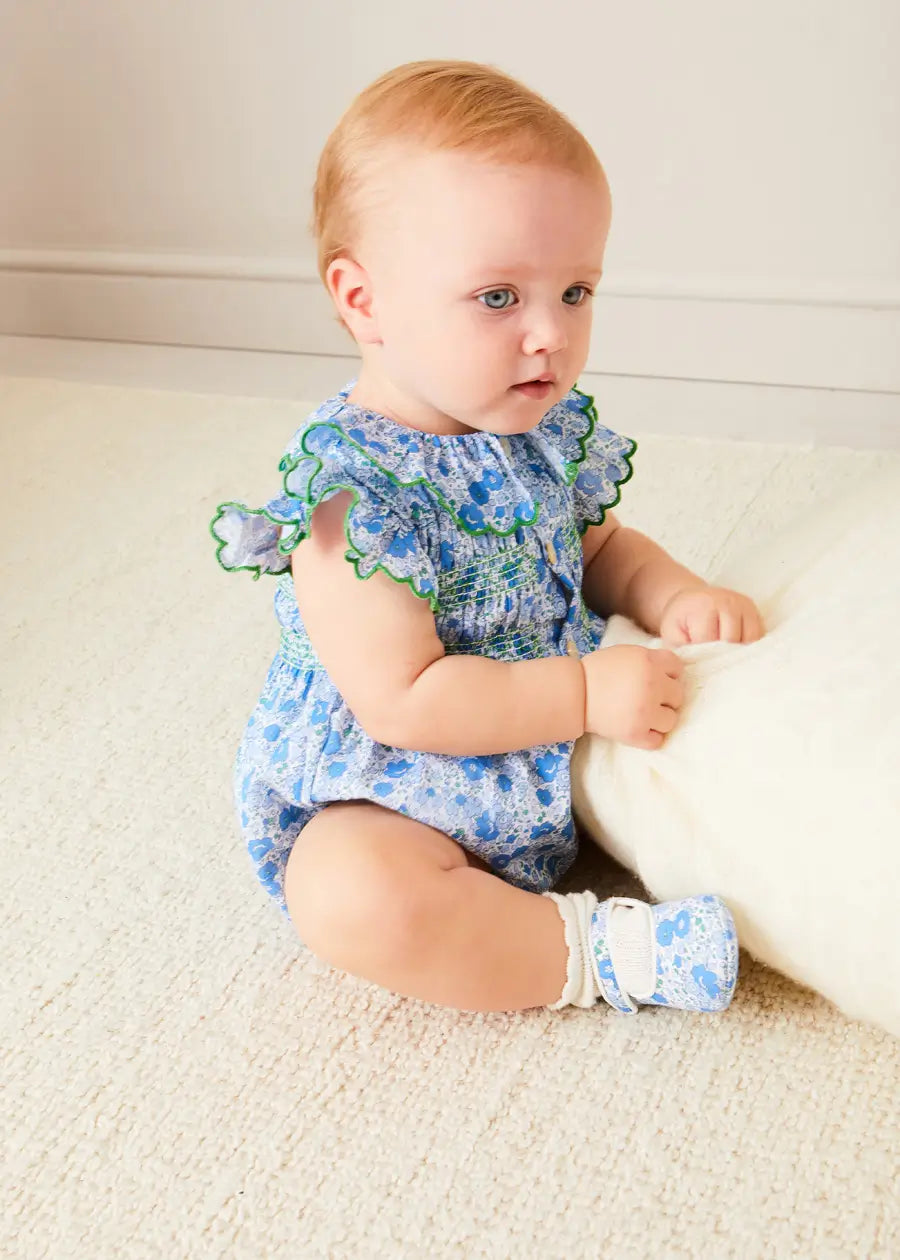 Olivia Floral Smocked Ruffle Collar Sleeveless Romper for Baby Girls - Blue (6 Months to 2 Years) | Perfect for Summer Outfits, Photoshoots & Special Occasions