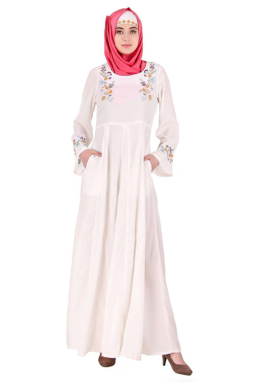 Elegant White Embroidered Bell Sleeve Abaya Dress for Women - Perfect for Eid, Ramadan & Special Occasions