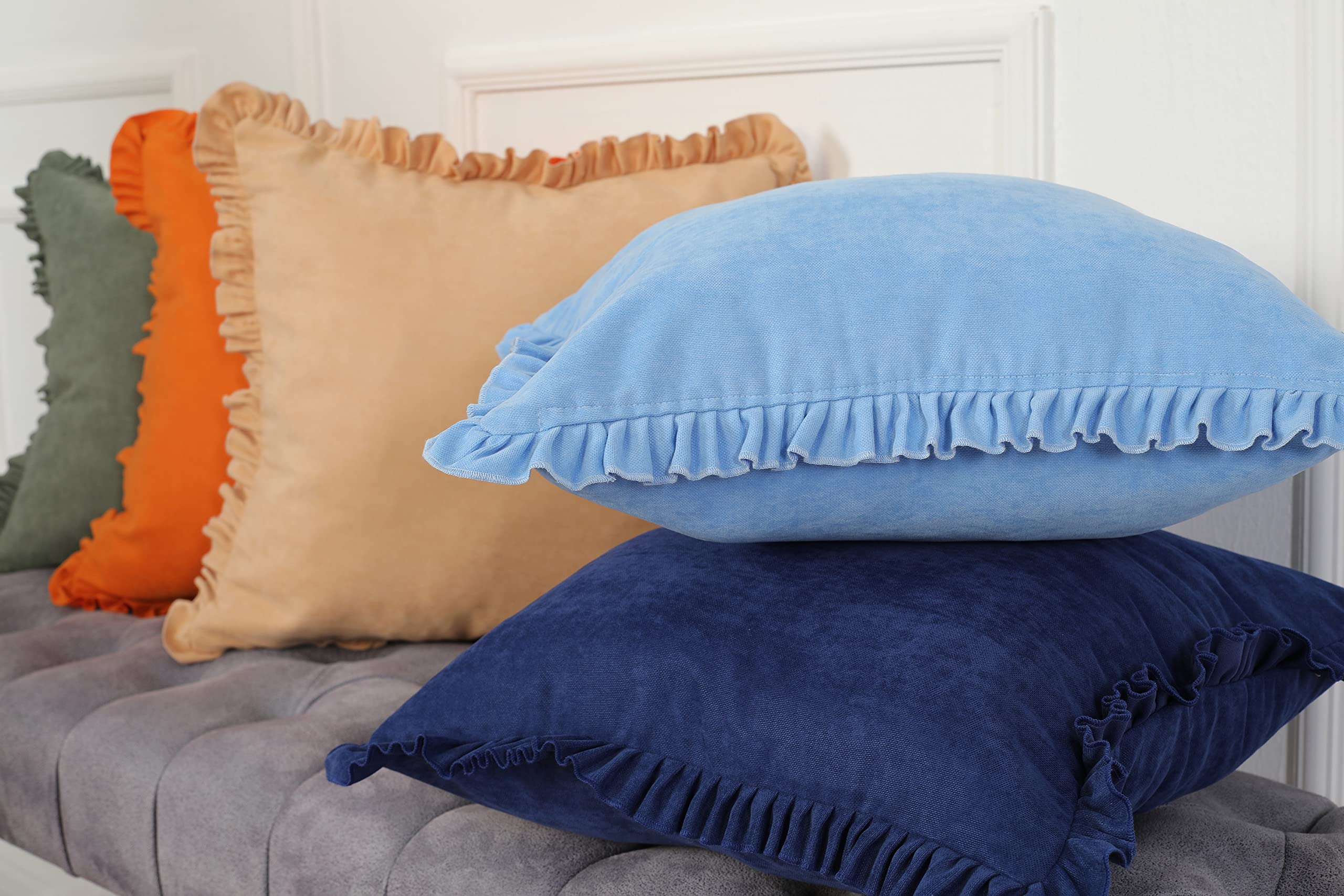 Decorative Square Throw Pillow Covers 18x18 Inch - Light Blue Ruffled Polyester Cushion Cases for Sofa, Couch & Bed - Home Decor Accent Pillows for Living Room, Bedroom & Nursery